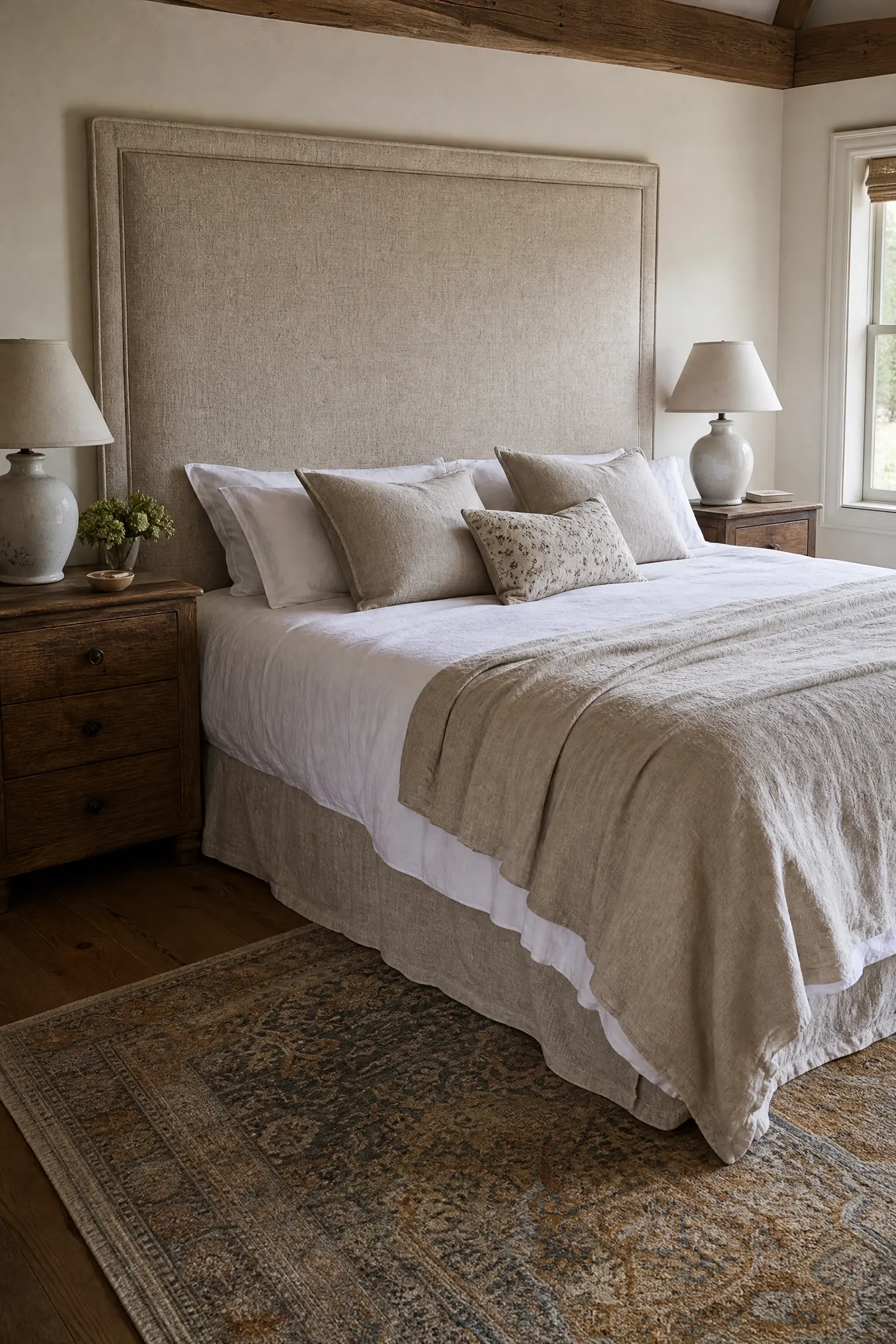 the upholstered headboard done the farmhouse way in a bedroom