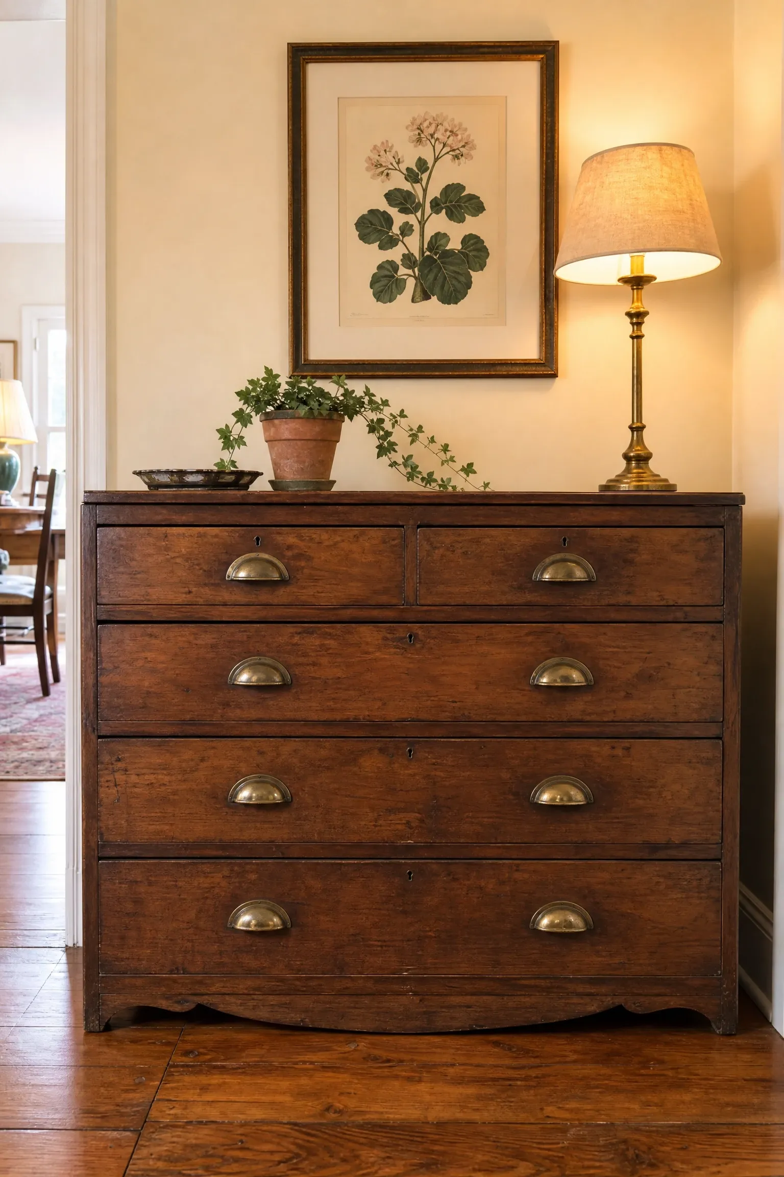the vintage dresser as a room anchor in a bedroom