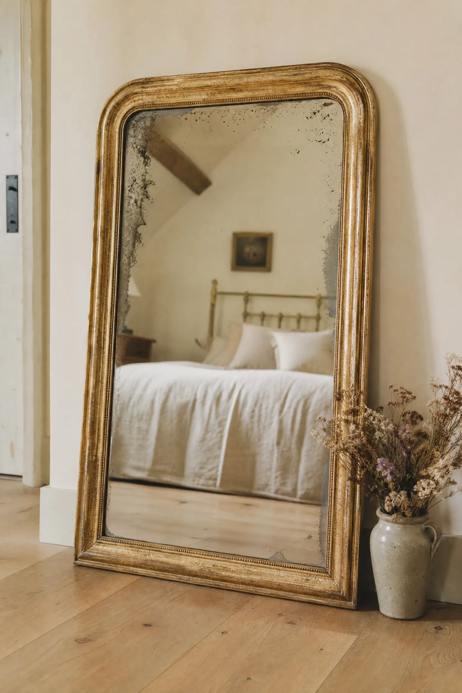 vintage mirror with a worn frame in a bedroom