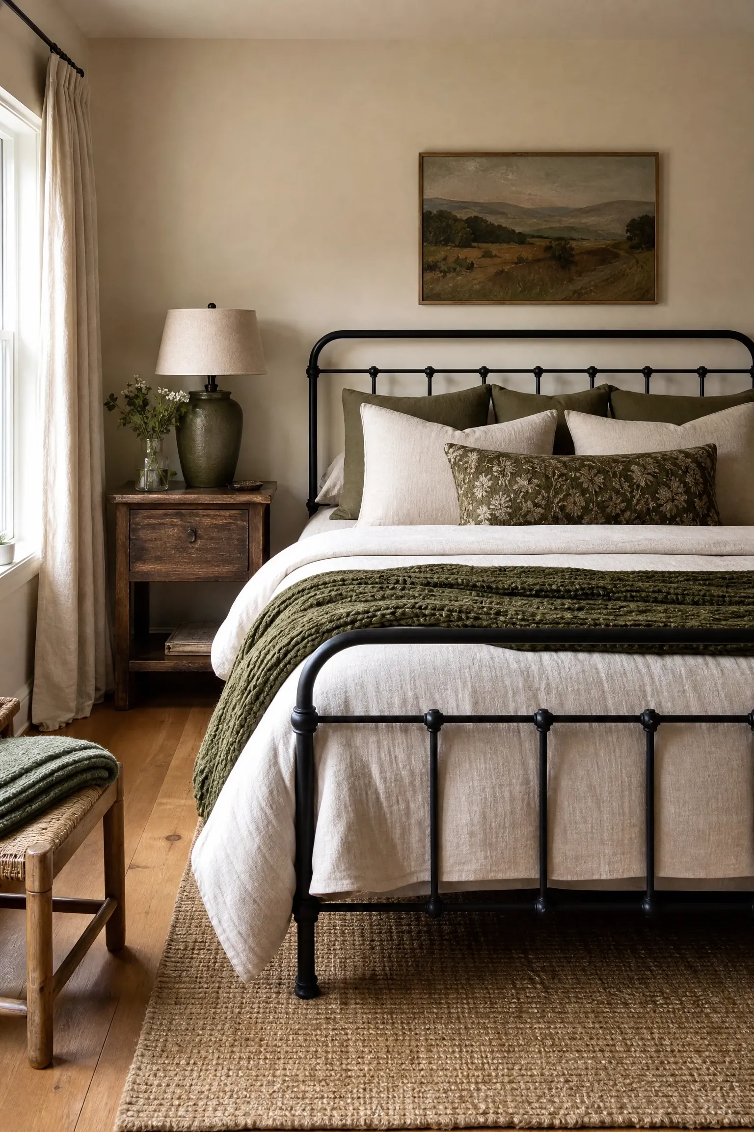 warm cream with deep olive accents in a bedroom