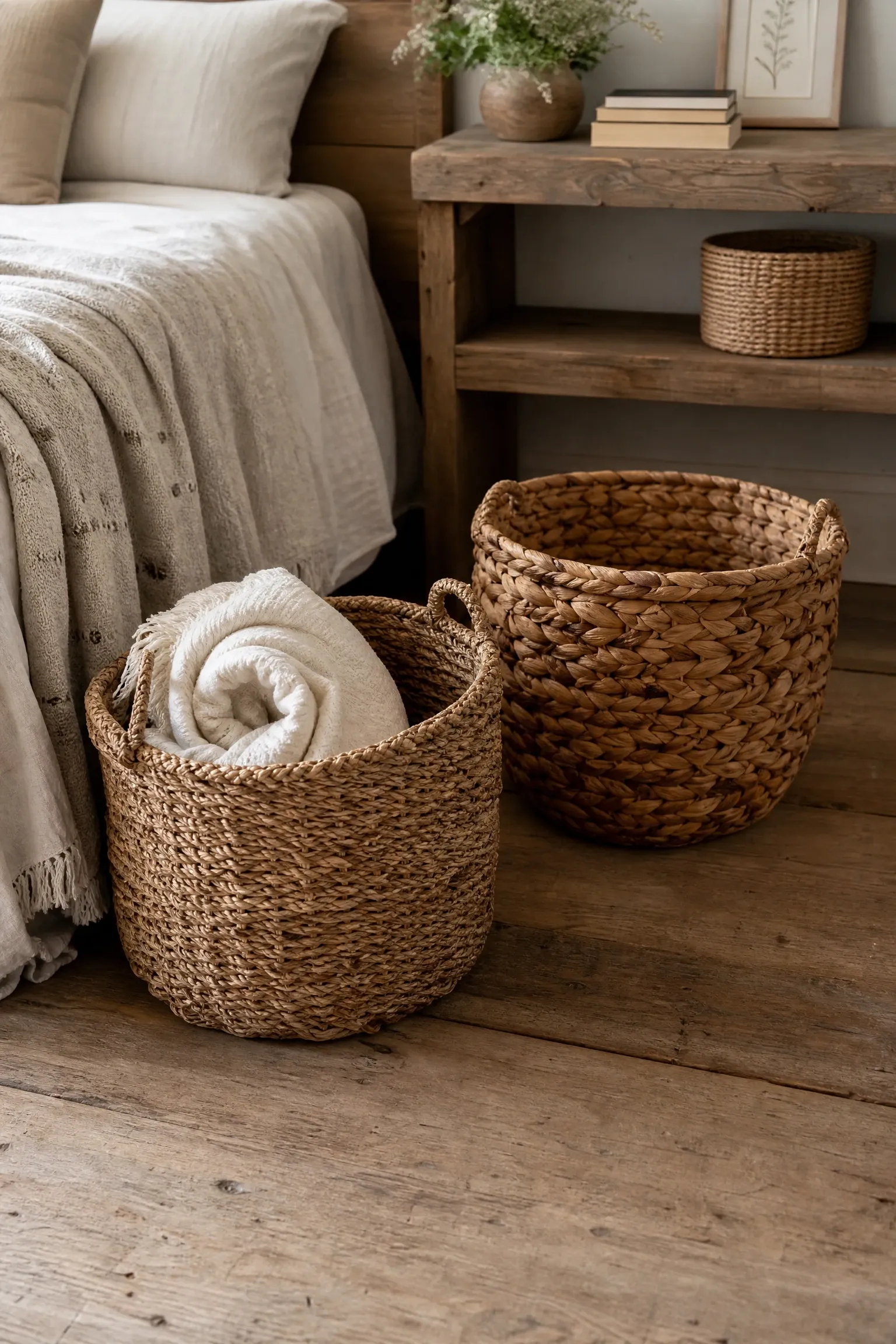 woven baskets for storage and texture in a bedroom