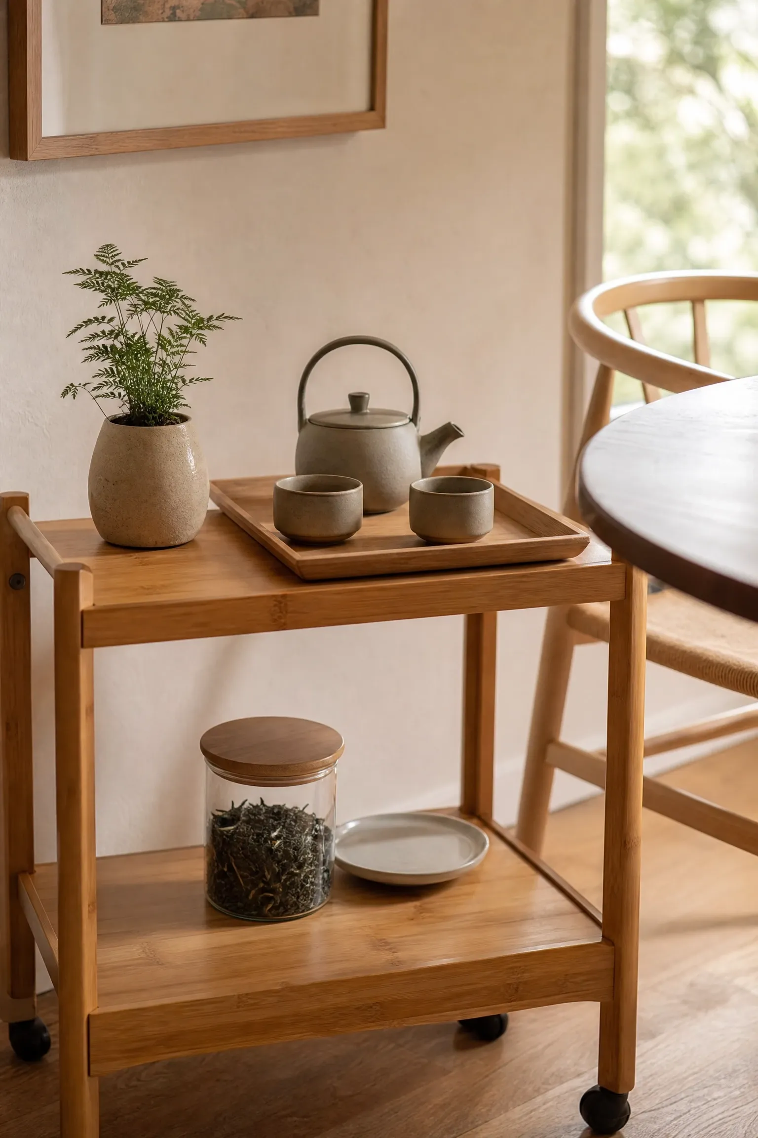 a minimal bar cart or tea station in a dining room