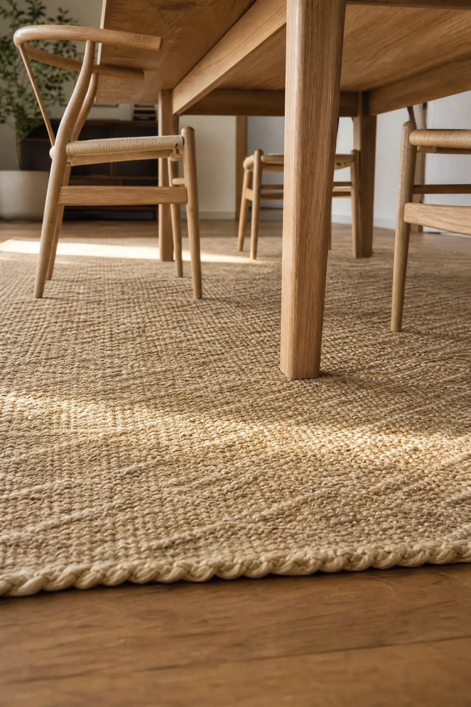 a natural fiber rug to anchor the table in a dining room