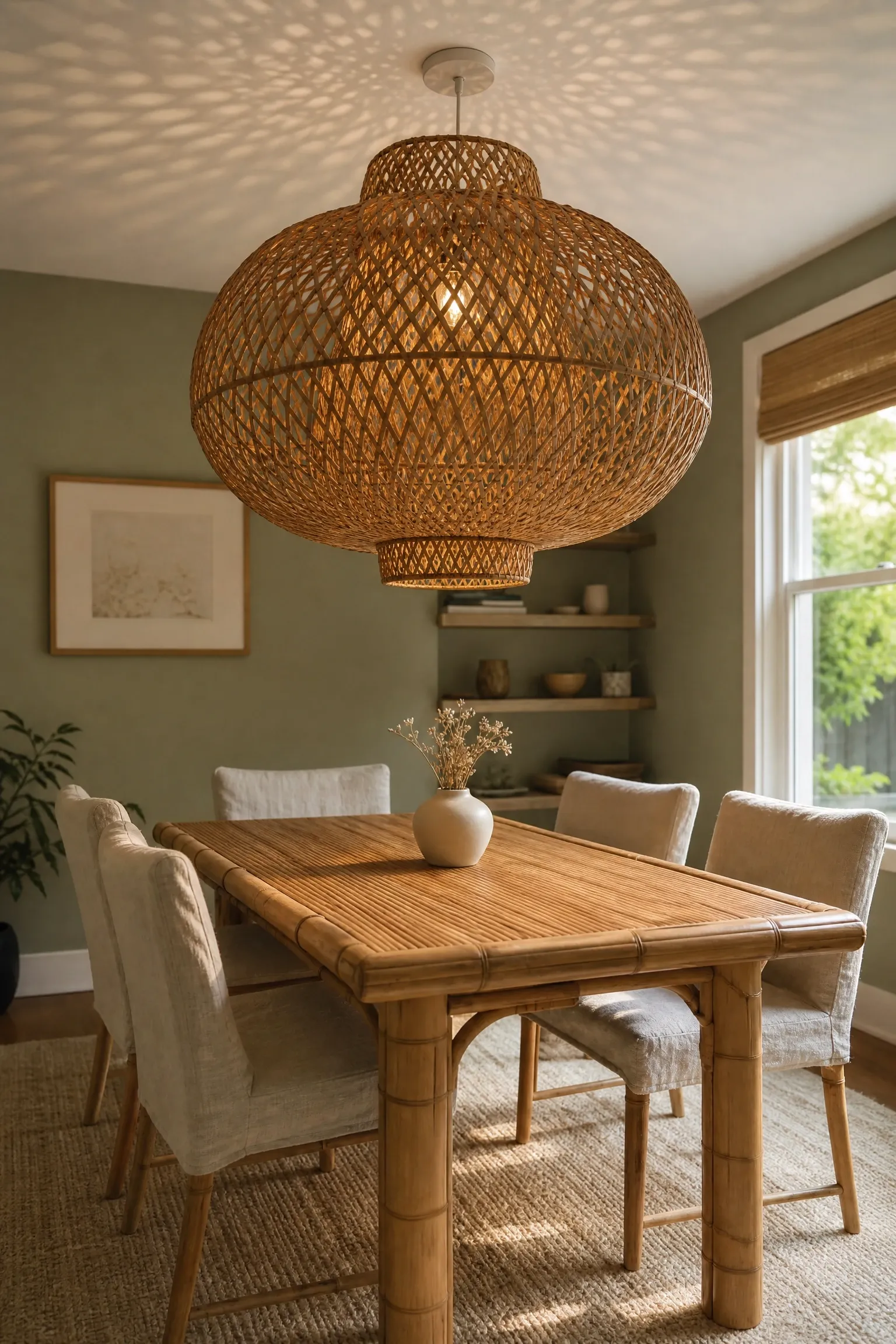 a single sculptural rattan statement light in a dining room