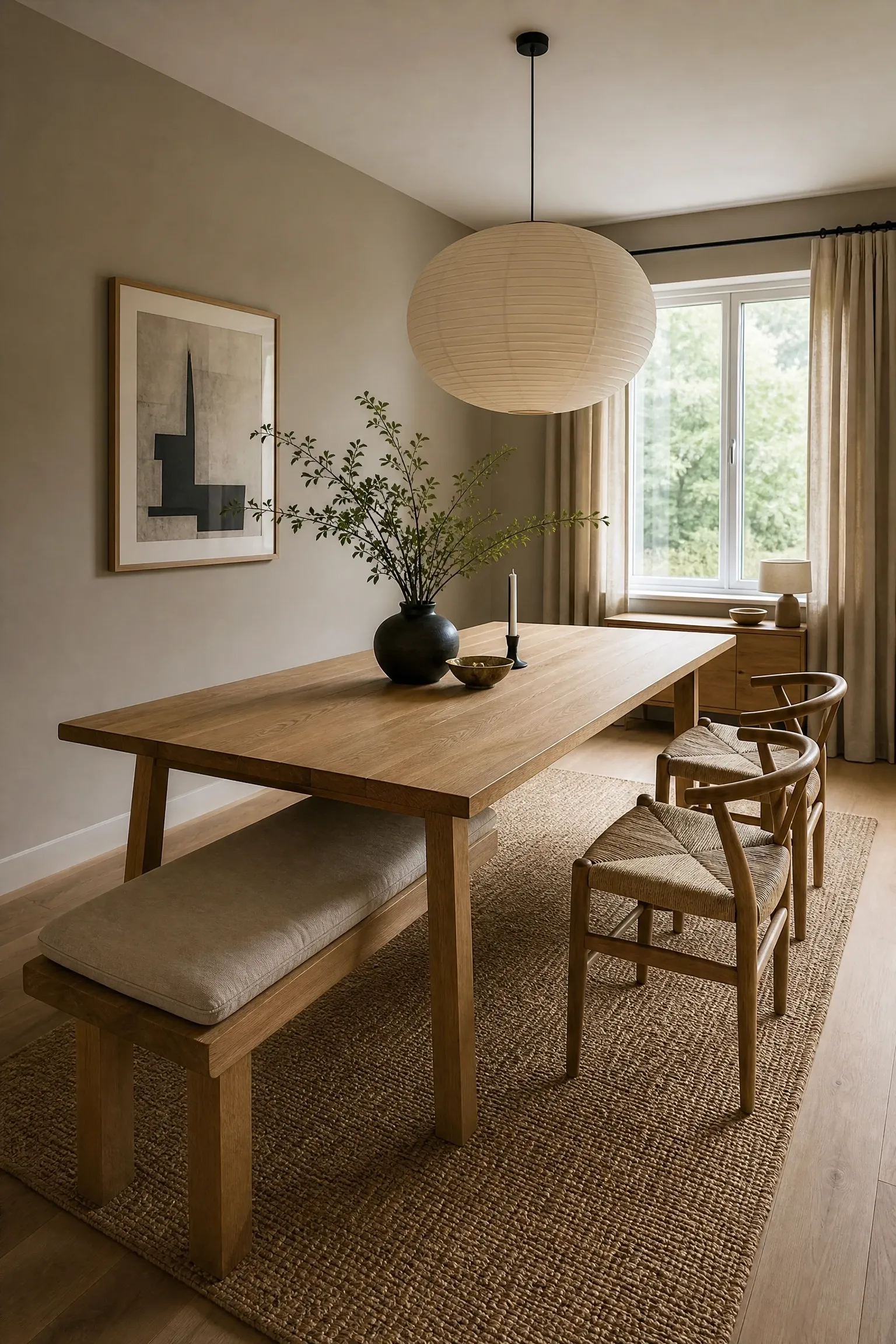 bench seating along one side in a dining room