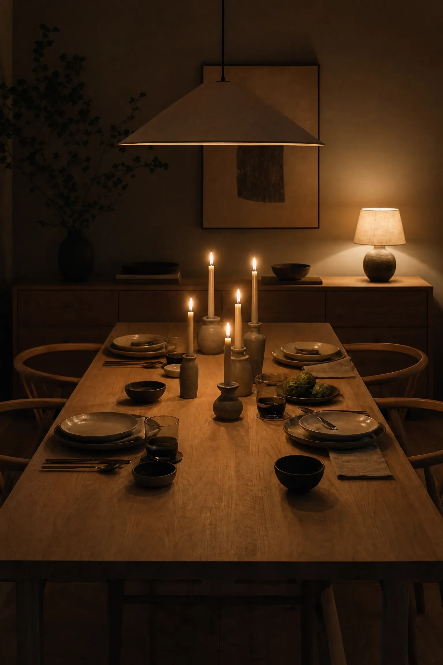 candlelight and low lamp layers in a dining room