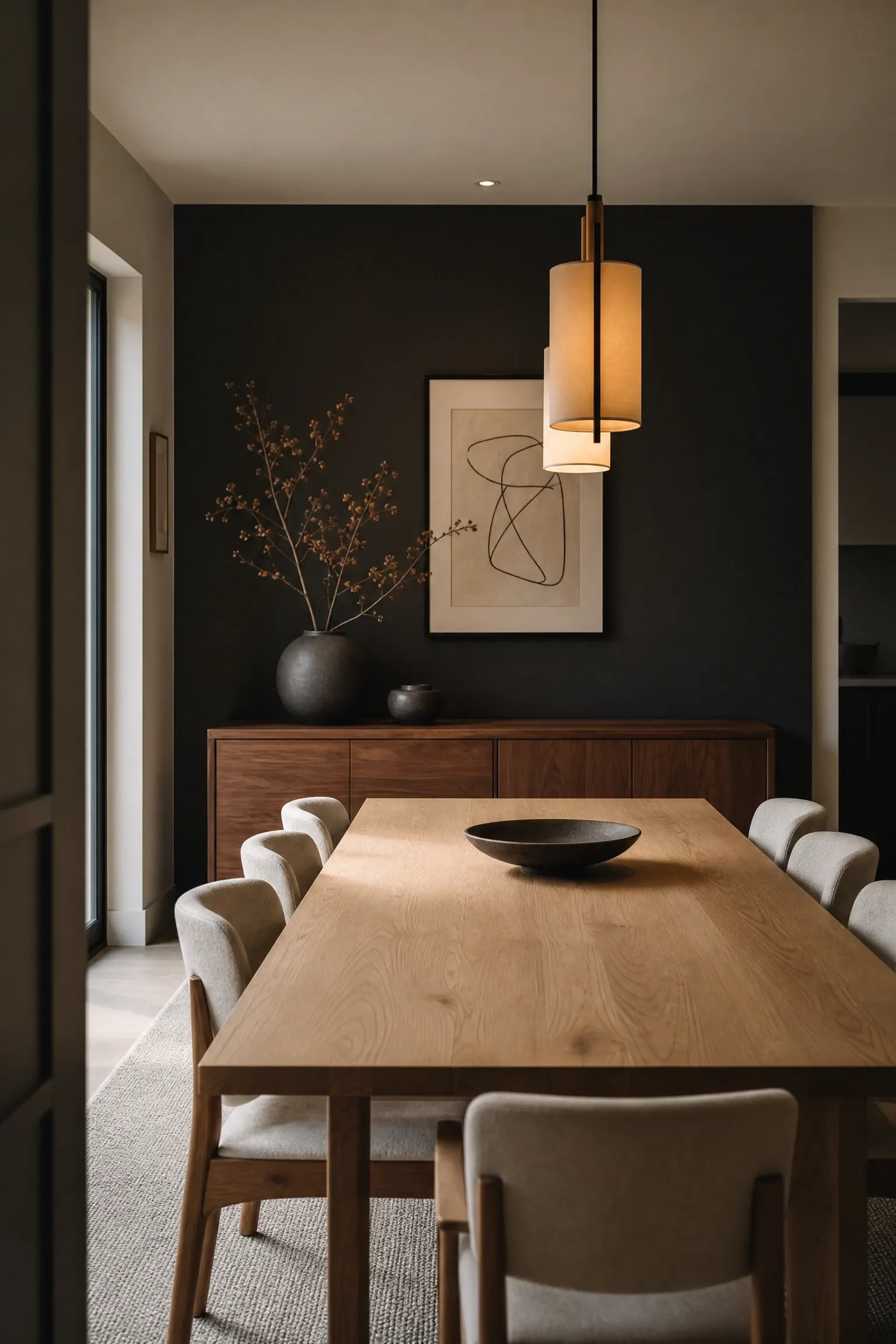 deep charcoal accent wall in a dining room