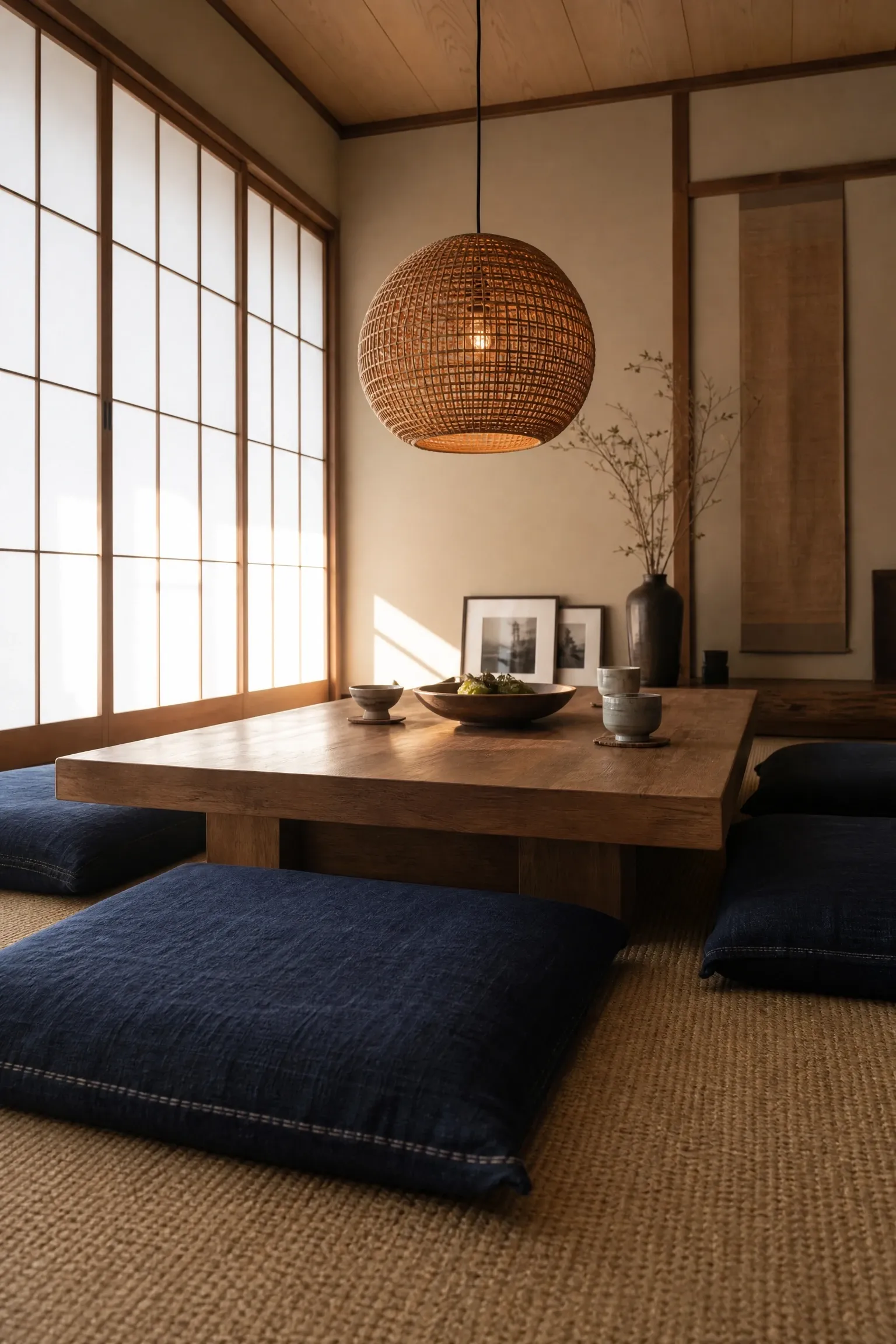 low floor cushion dining in a dining room