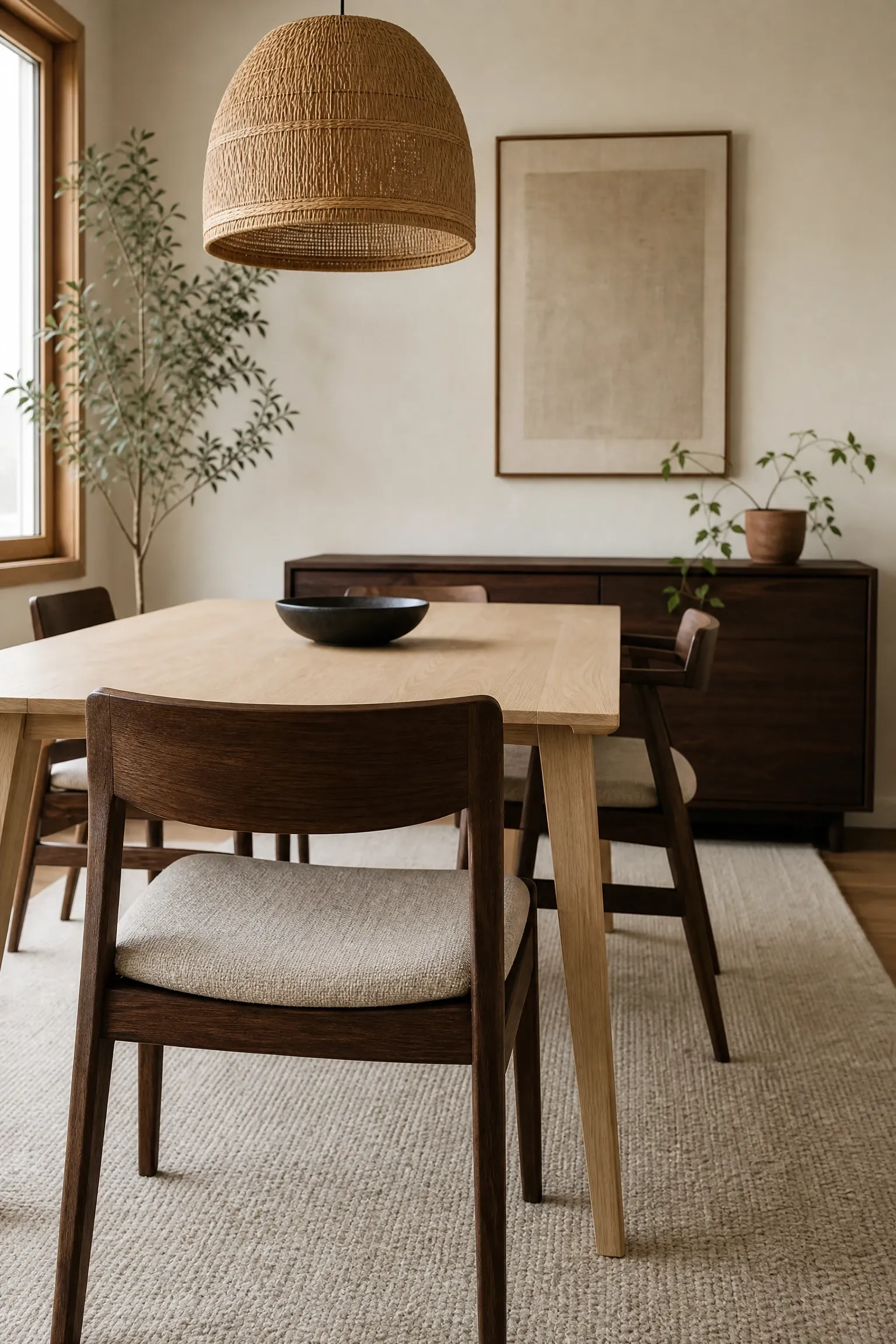 mixed wood tones done right in a dining room