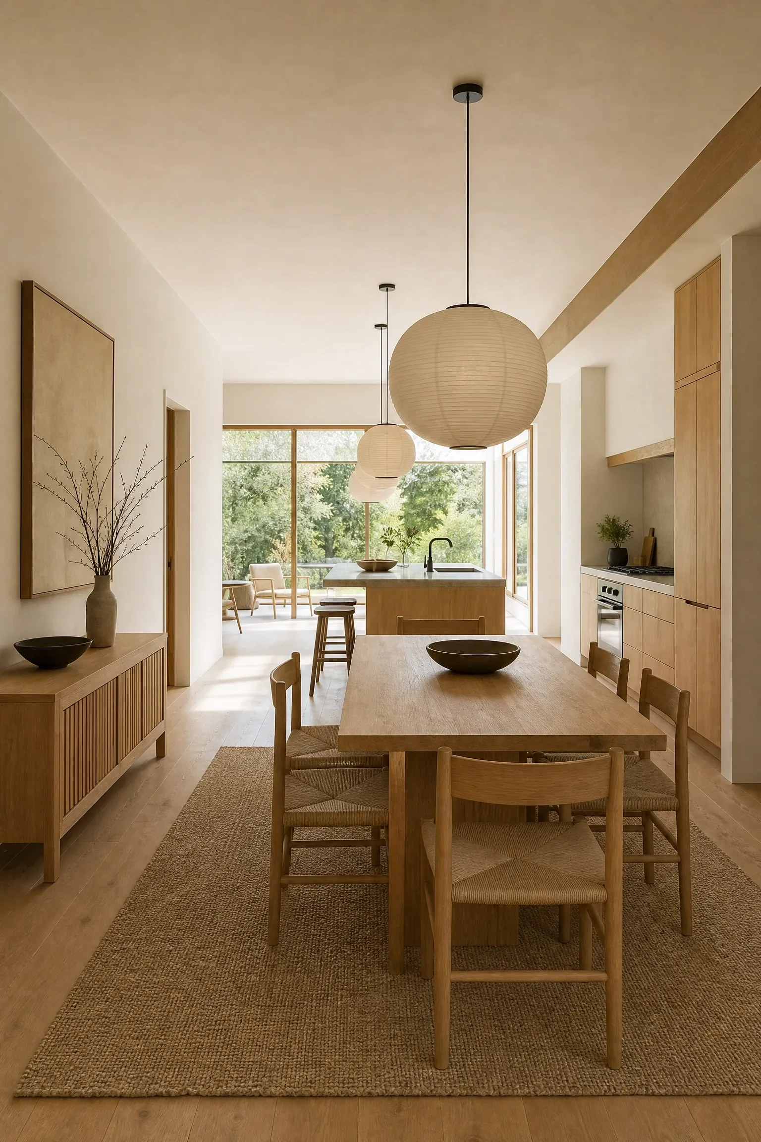 open plan japandi dining in a combined kitchen-dining space in a dining room