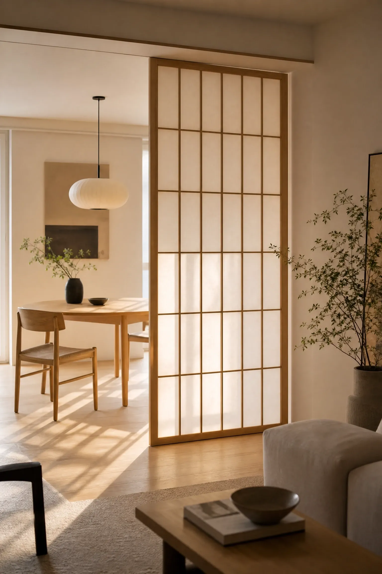 shoji screen room divider in a dining room