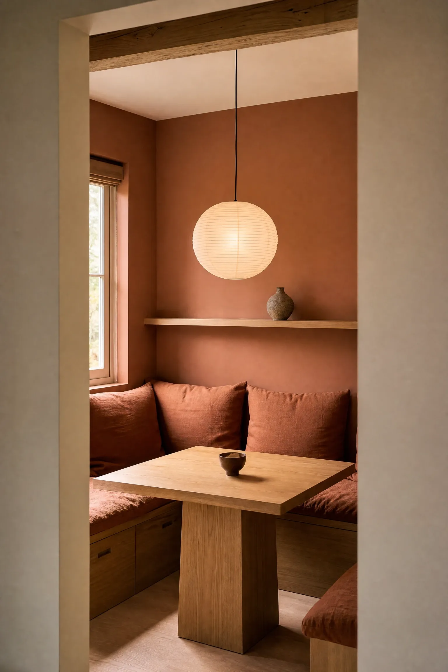 small japandi dining nook in a dining room