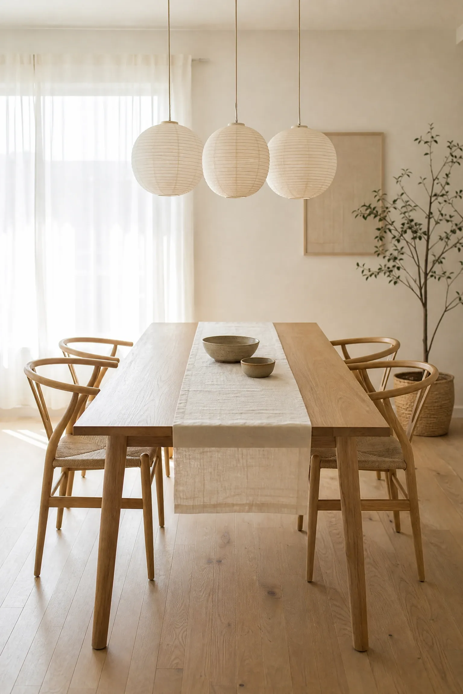 the classic white oak table setup in a dining room