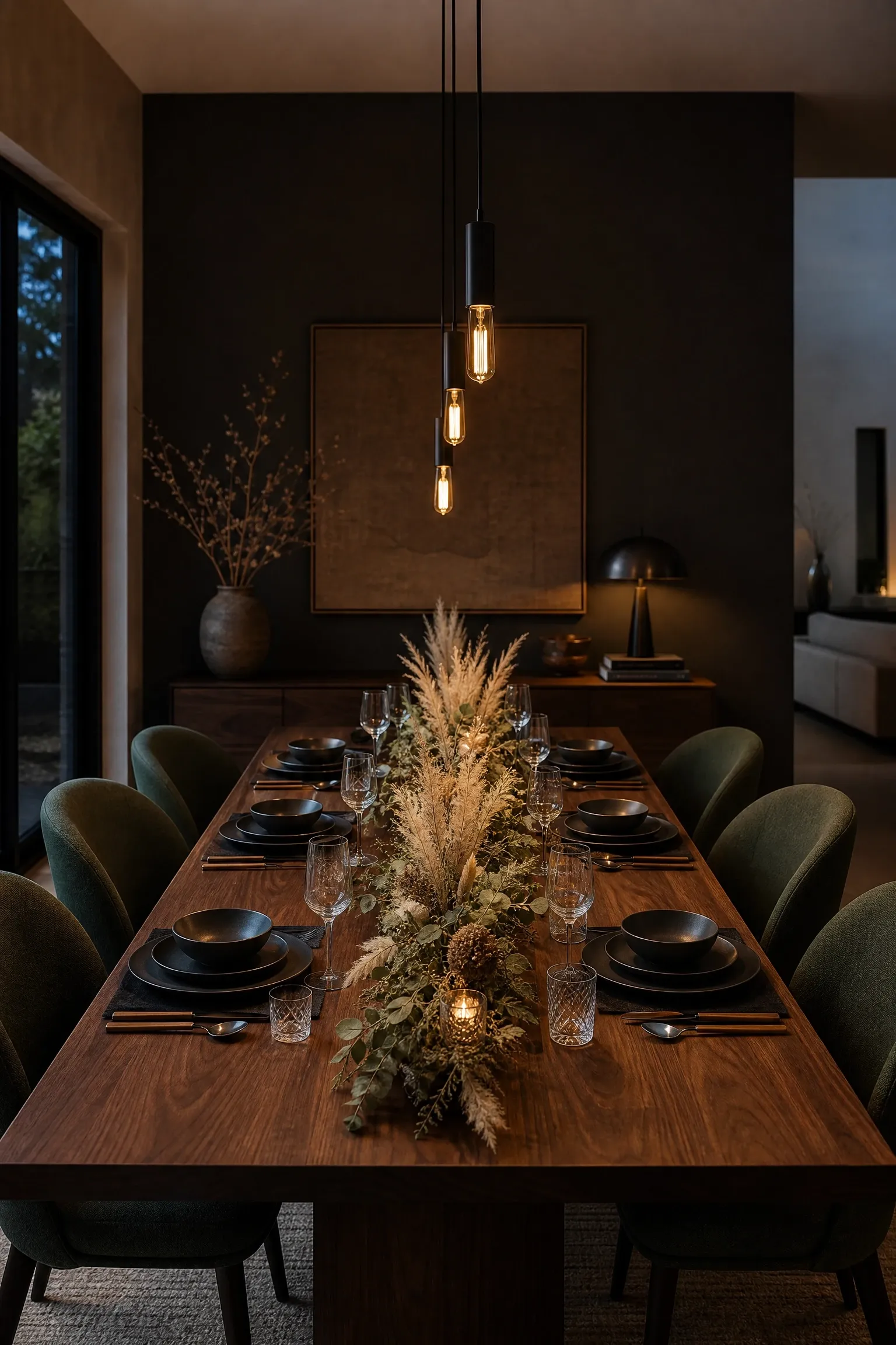 the formal japandi dinner table setup in a dining room