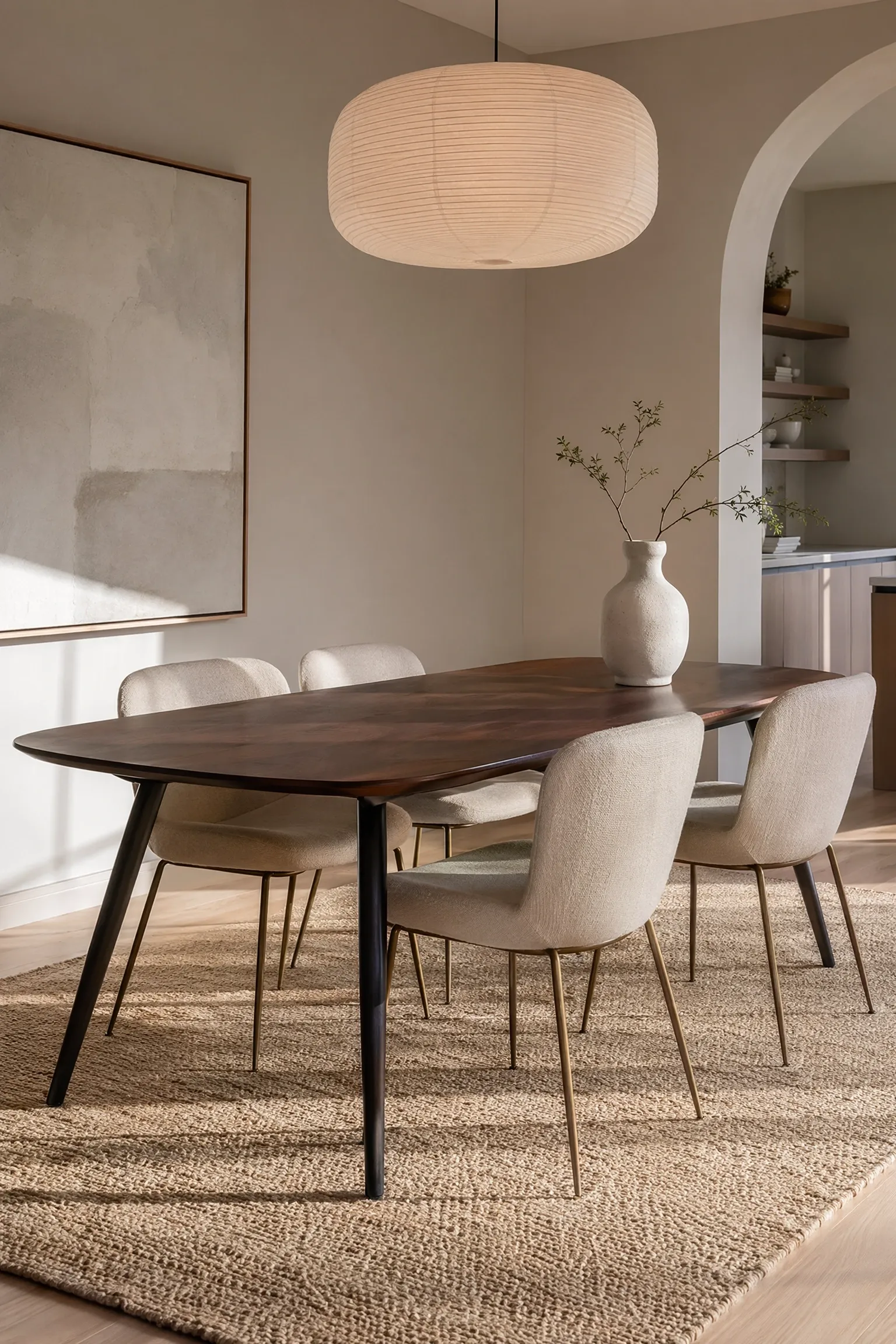 the low dark walnut contrast look in a dining room