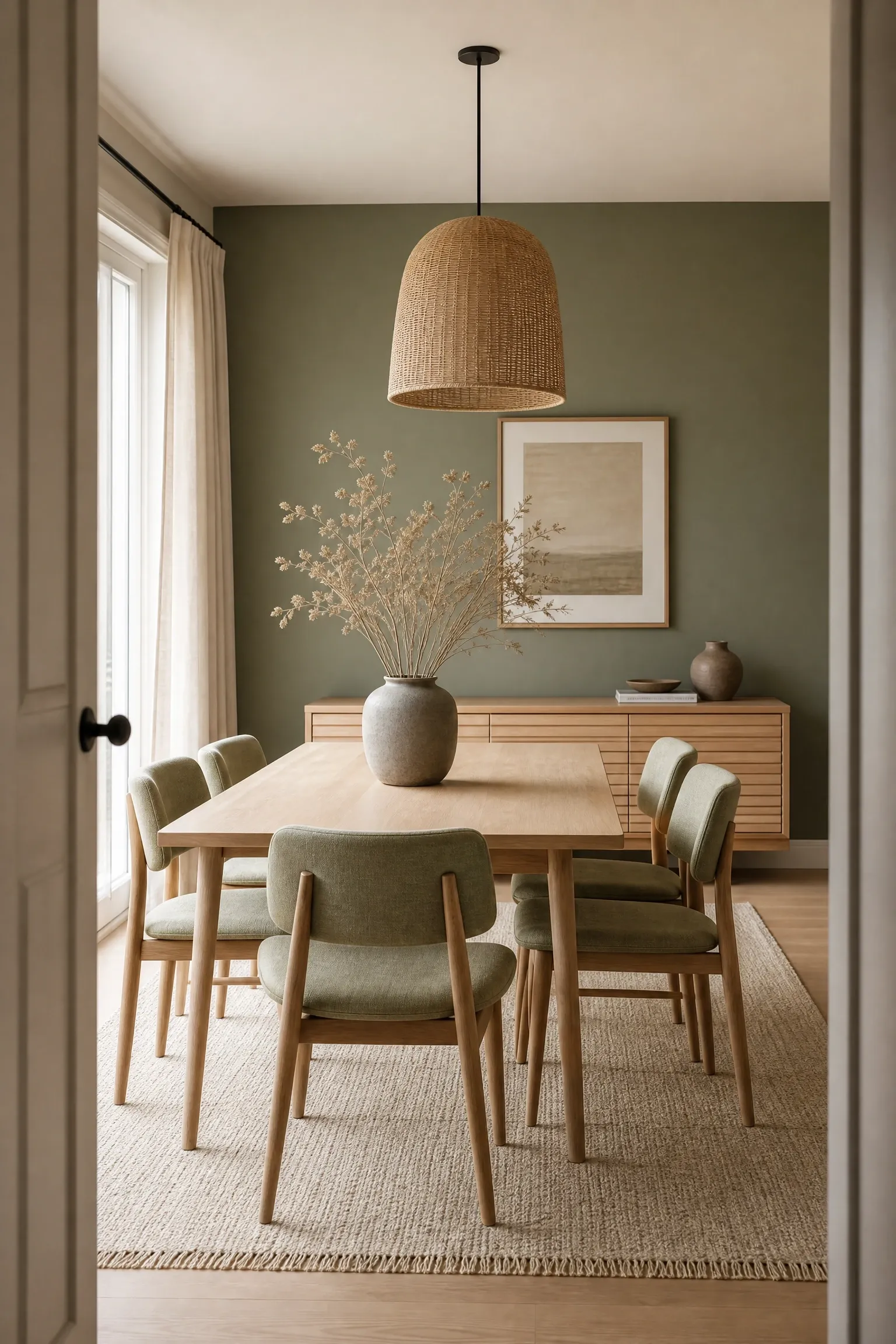 warm greige and pale sage palette in a dining room