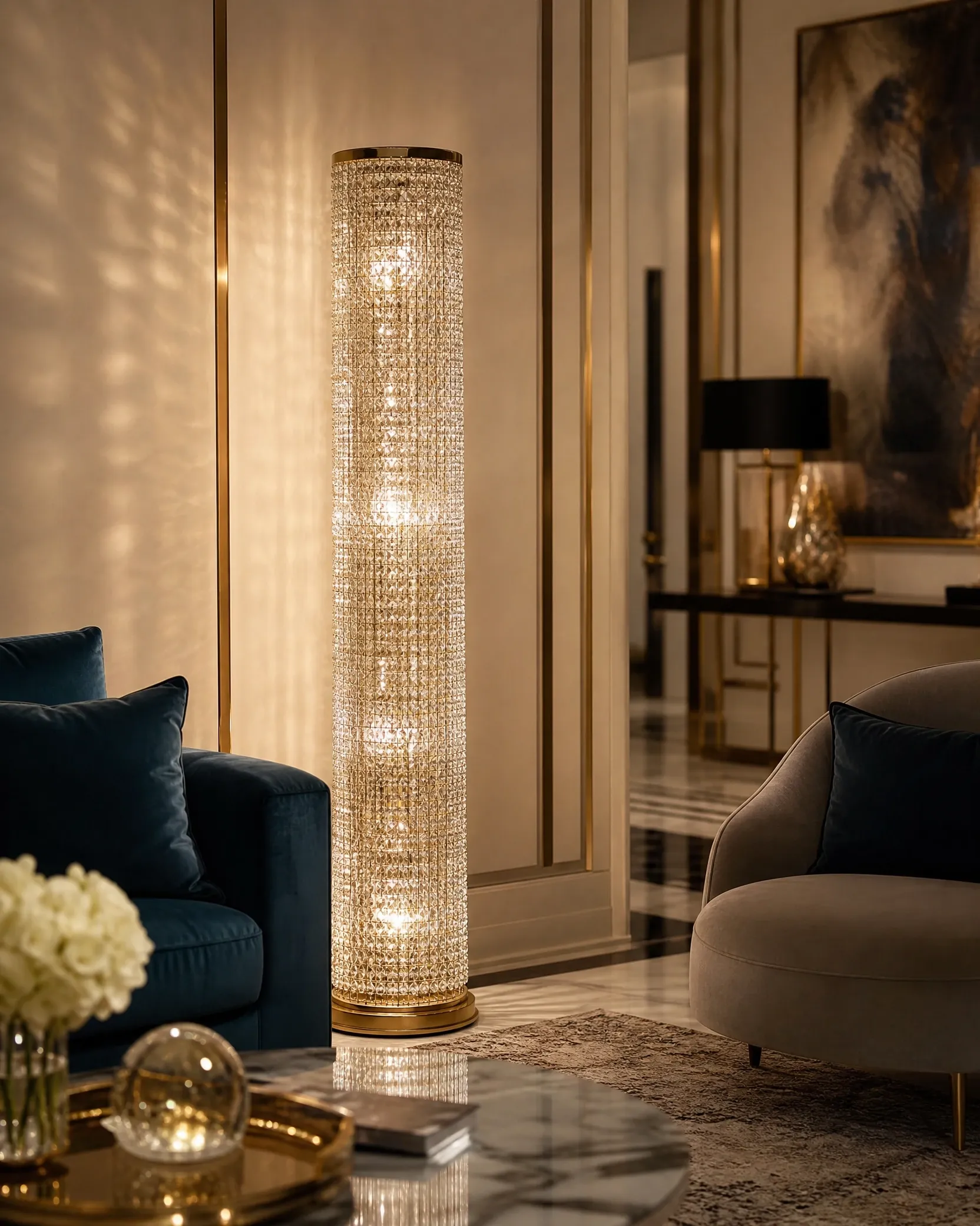 crystal or glass floor lamp in a living room