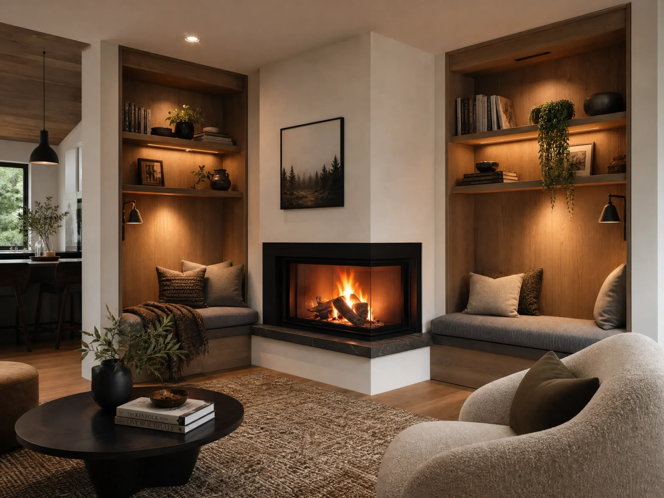 corner fireplace design in a living room