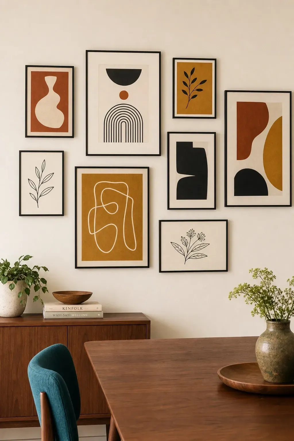 a gallery wall of abstract and botanical prints in a dining room