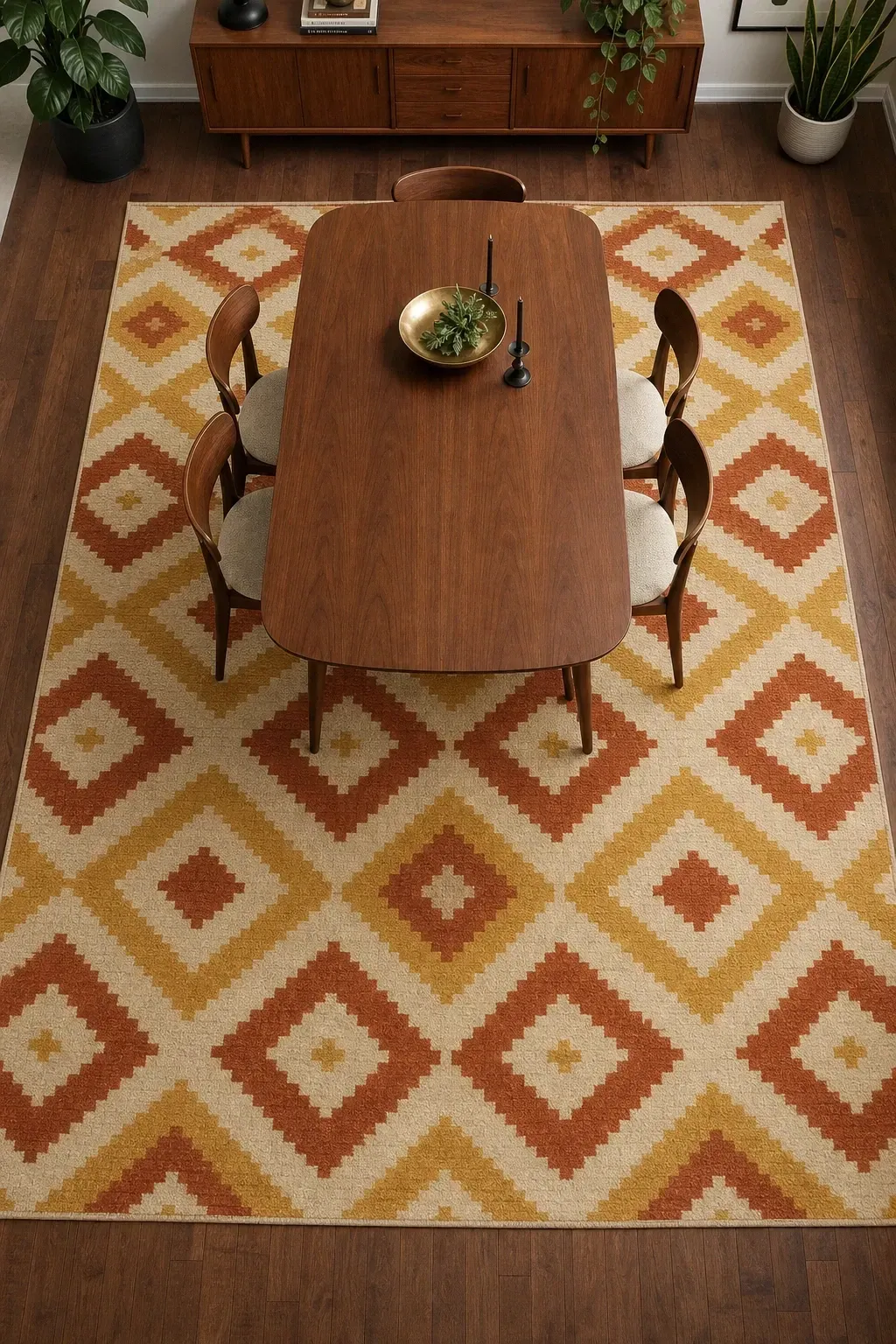 a statement rug in bold geometric pattern in a dining room