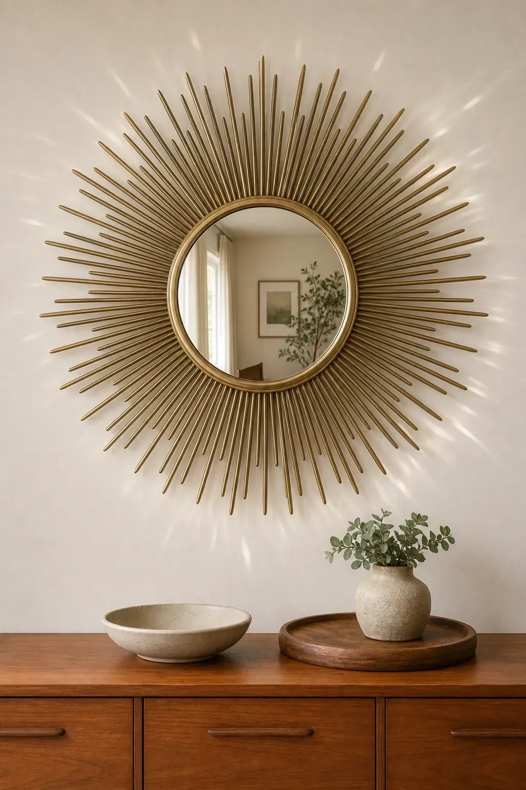 a sunburst or starburst mirror as wall art in a dining room