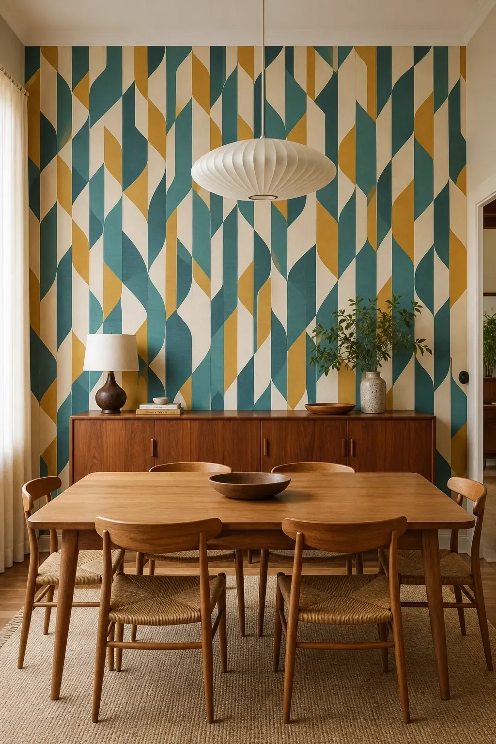 geometric wallpaper as a feature wall in a dining room