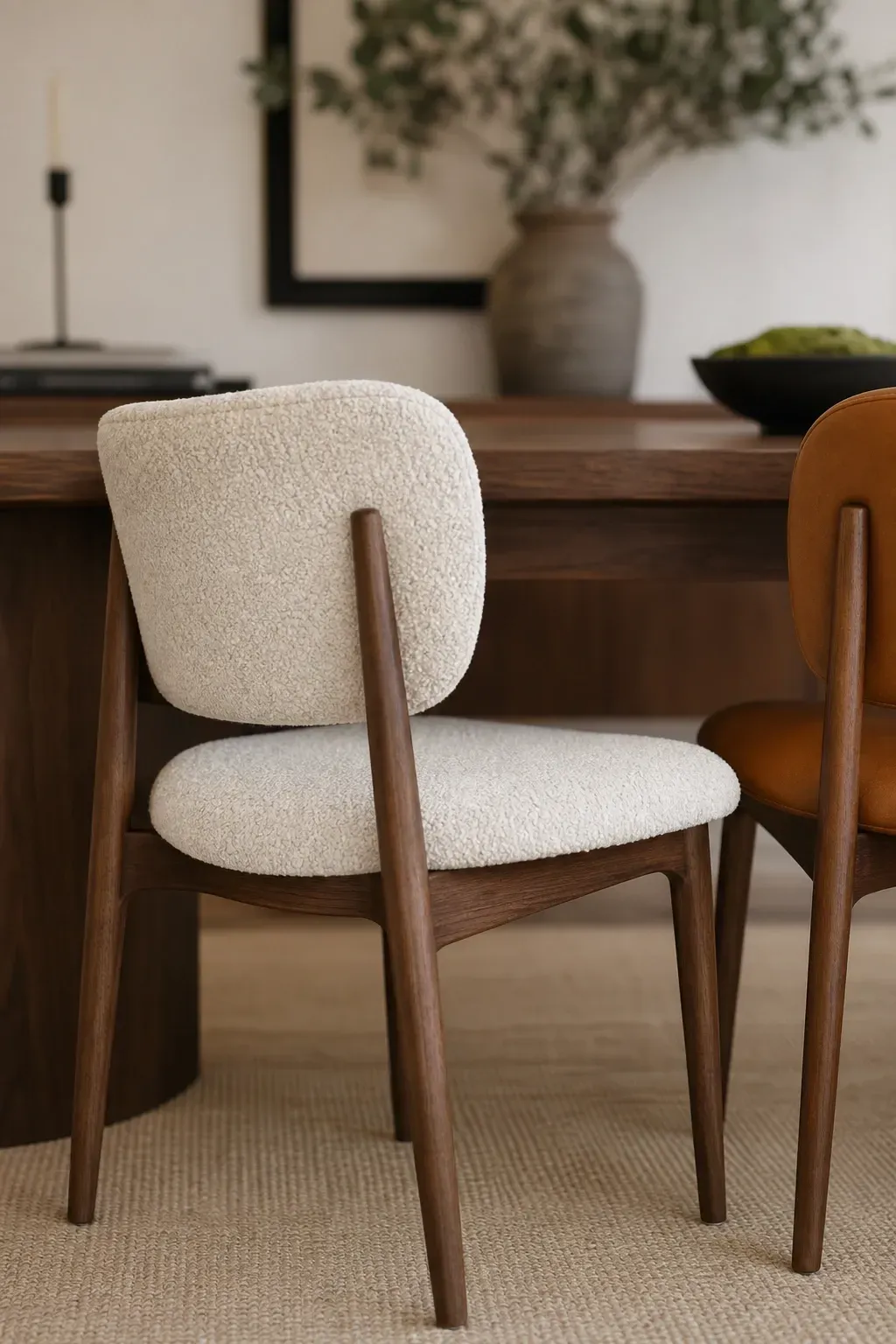 mixing boucle and wood for soft contrast in a dining room