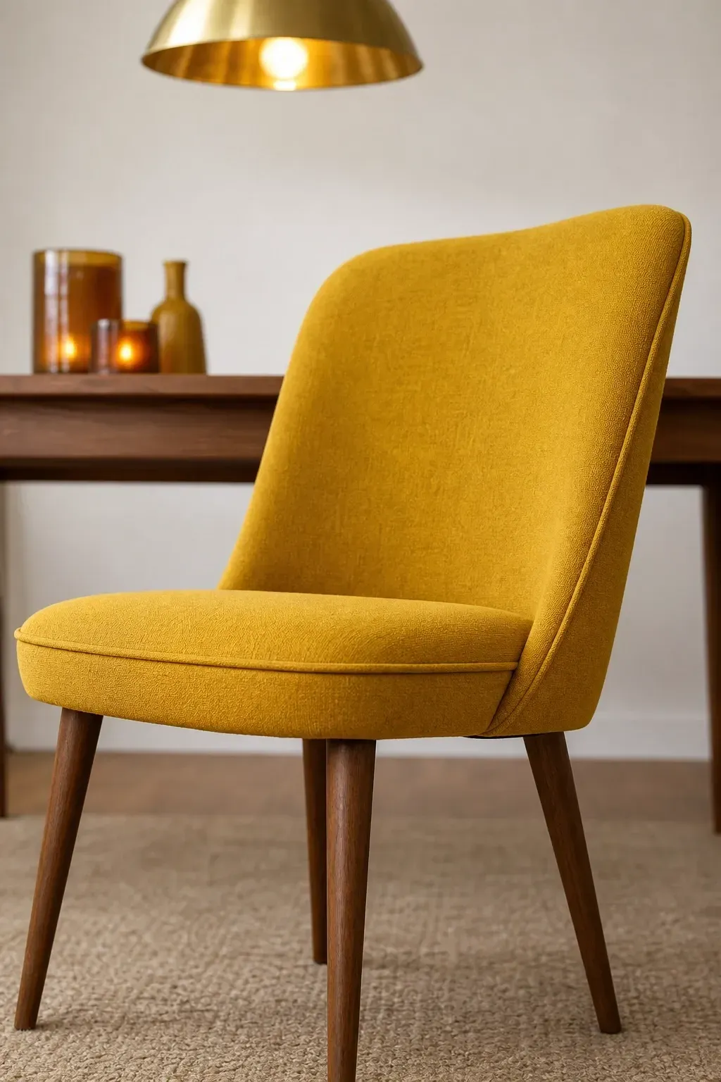 mustard yellow as the accent color in a dining room