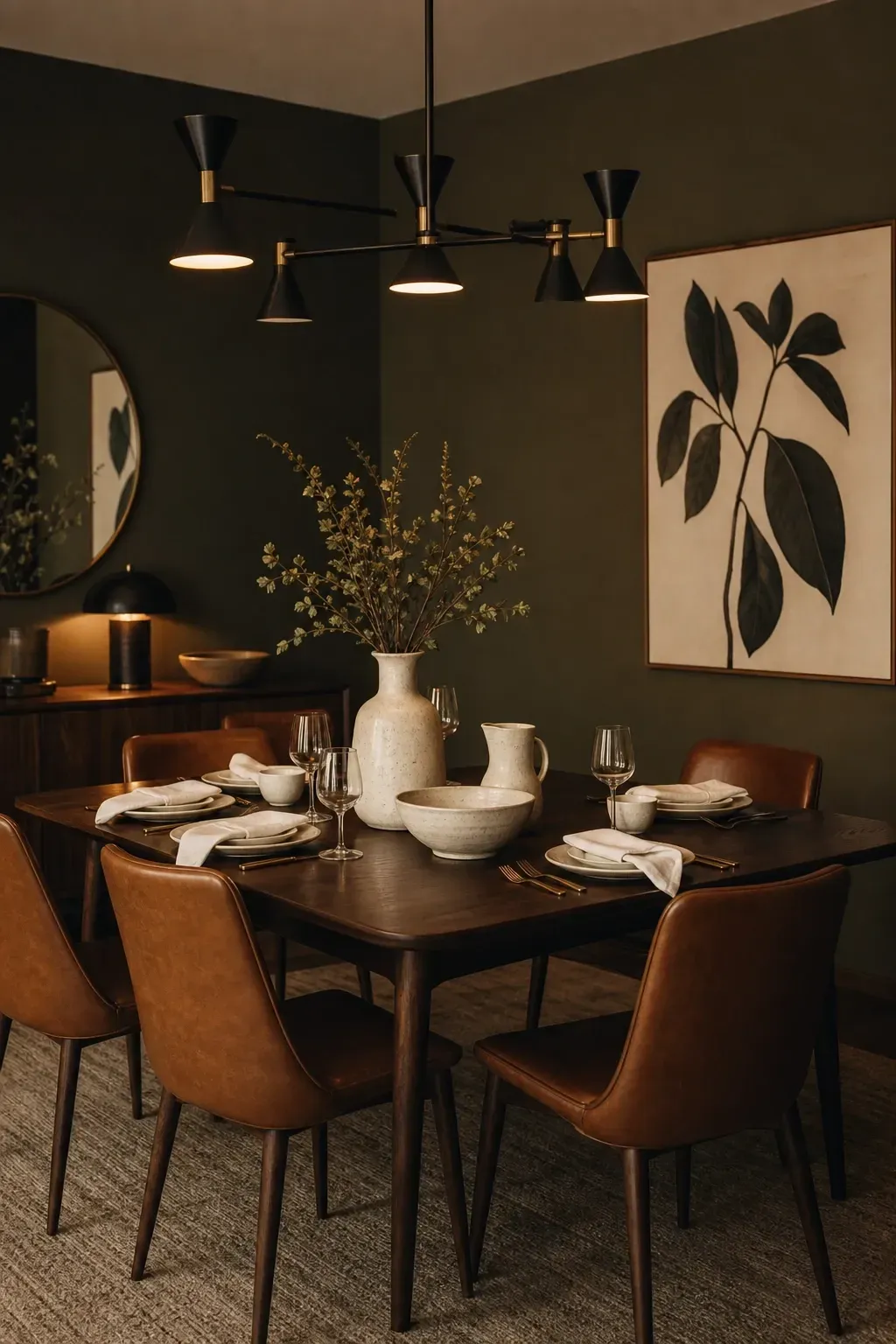 olive green with dark wood for moody drama in a dining room