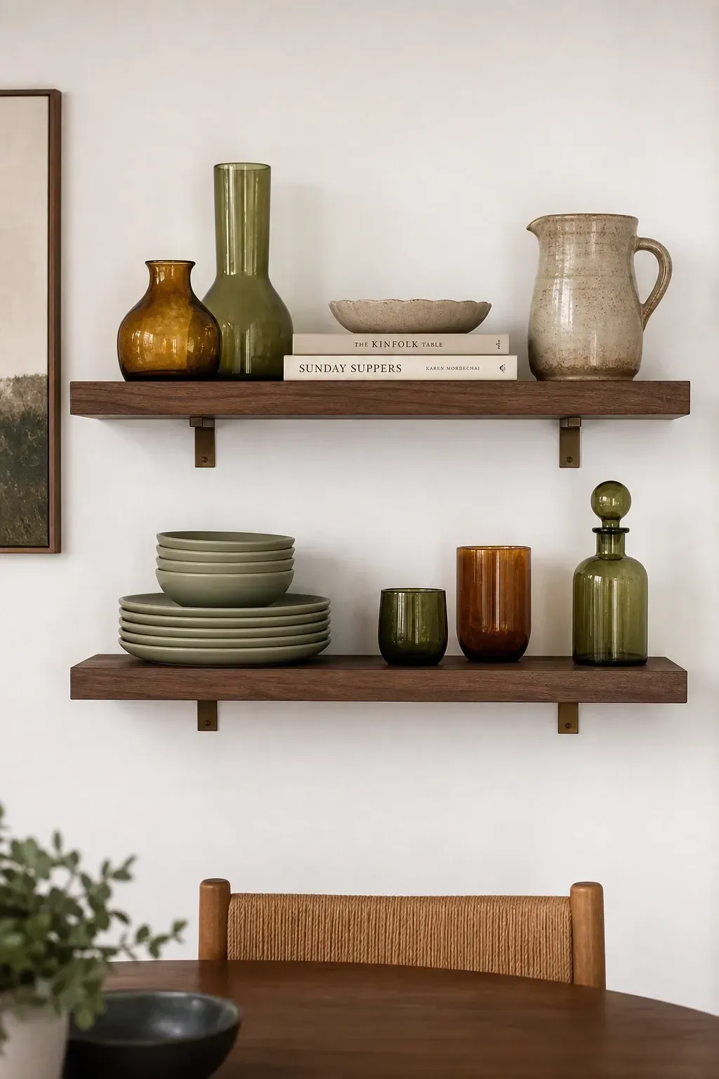 open shelving with styled display in a dining room