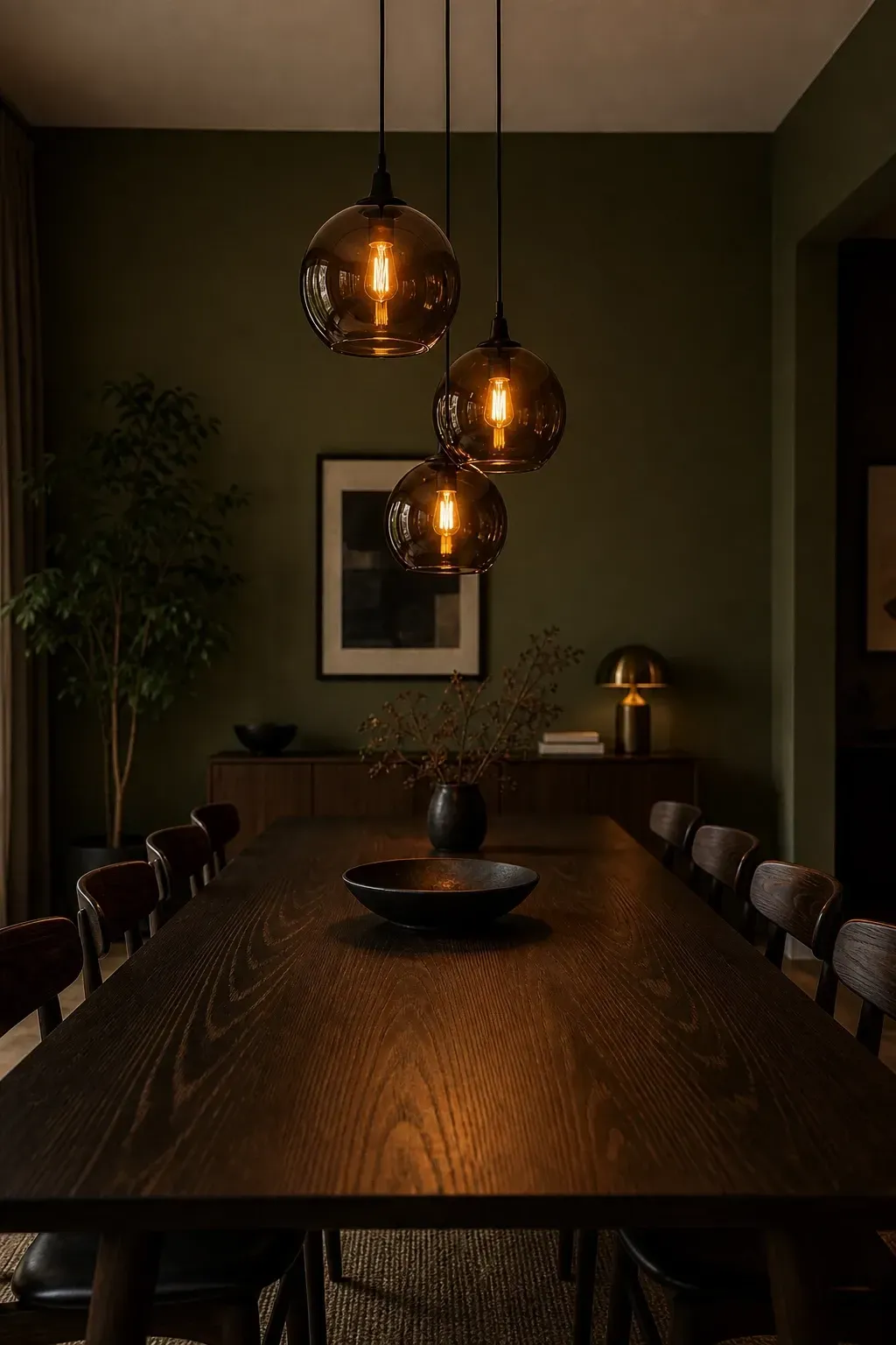 sculptural globe pendants in smoked glass in a dining room
