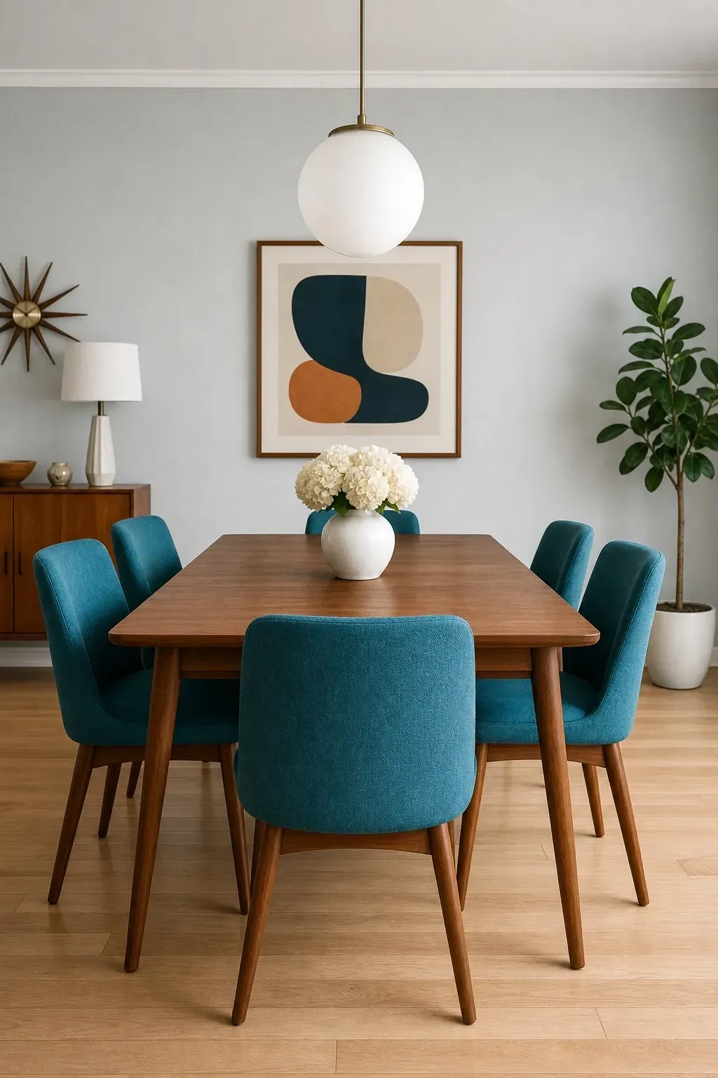 teal and walnut: the classic contrast in a dining room