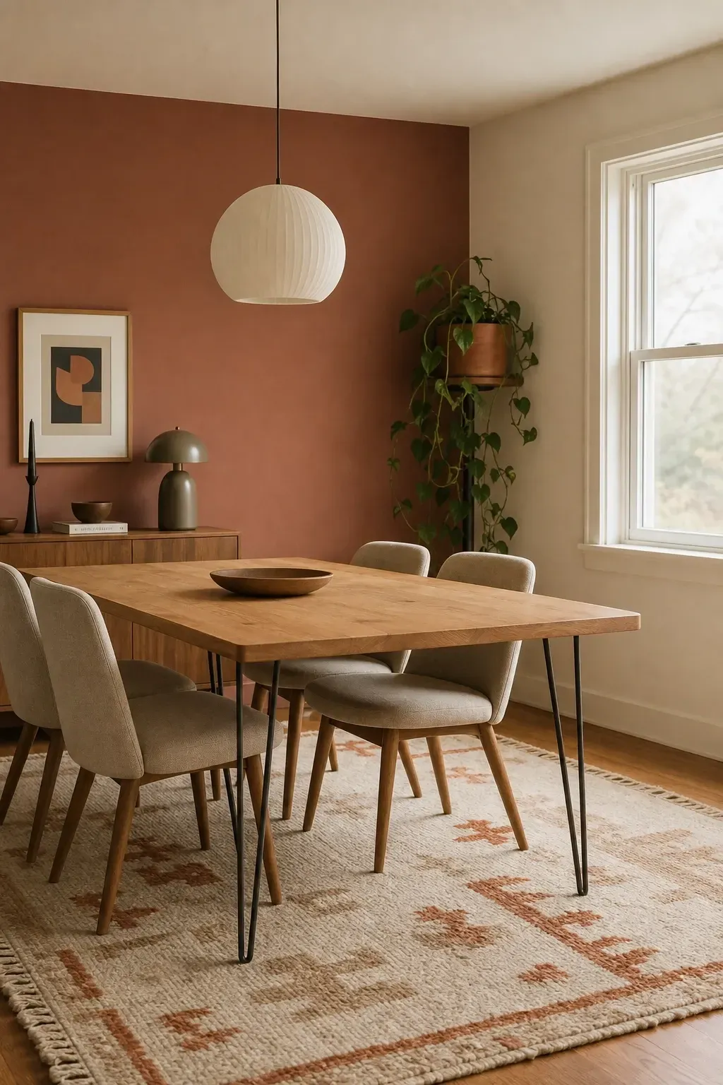 terracotta and warm white for an earthy feel in a dining room