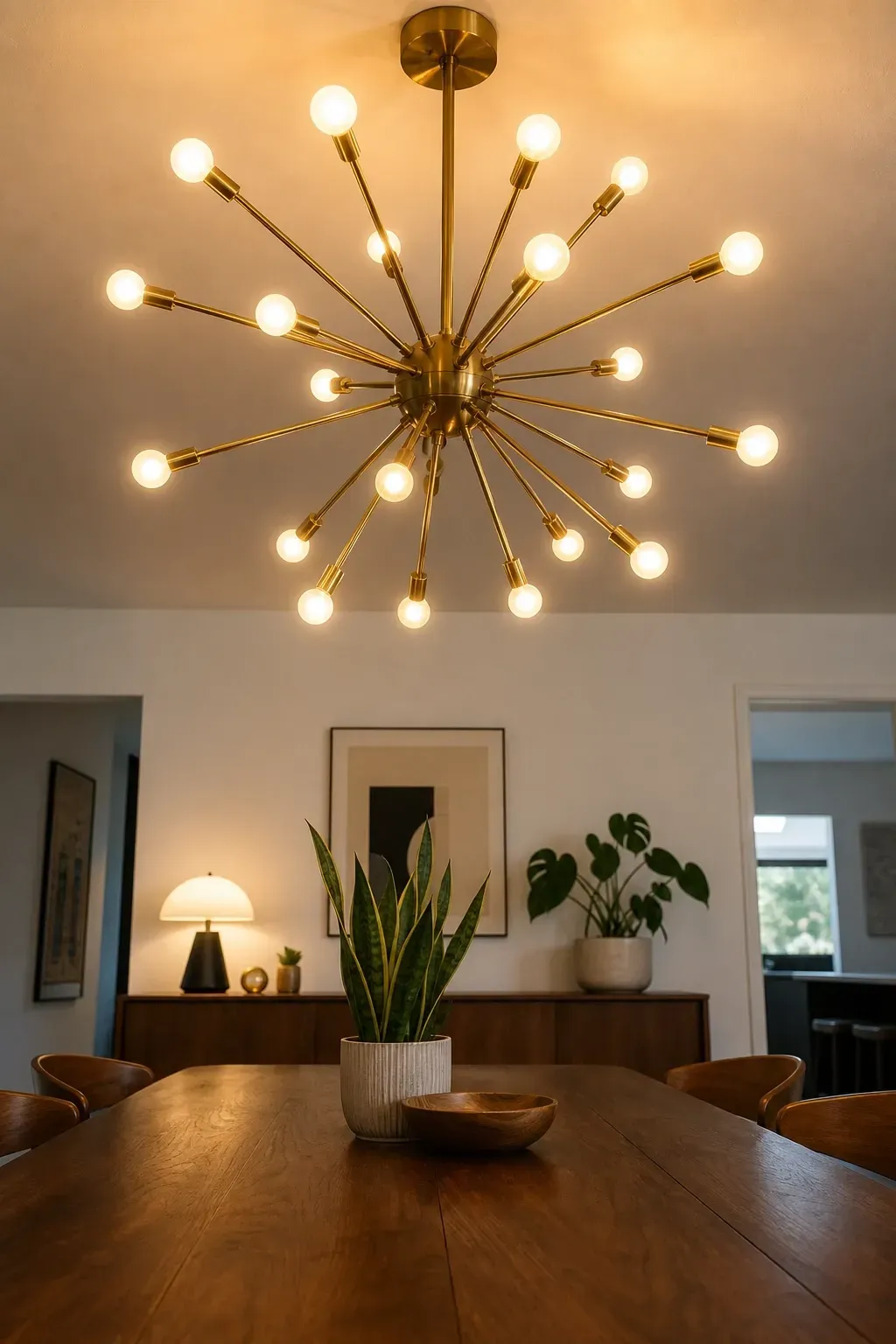 the sputnik chandelier moment in a dining room