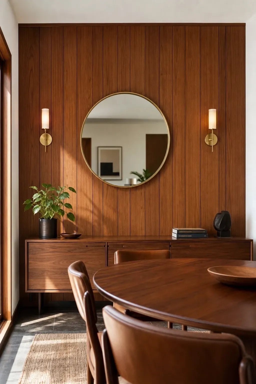 wood paneling on the dining room wall