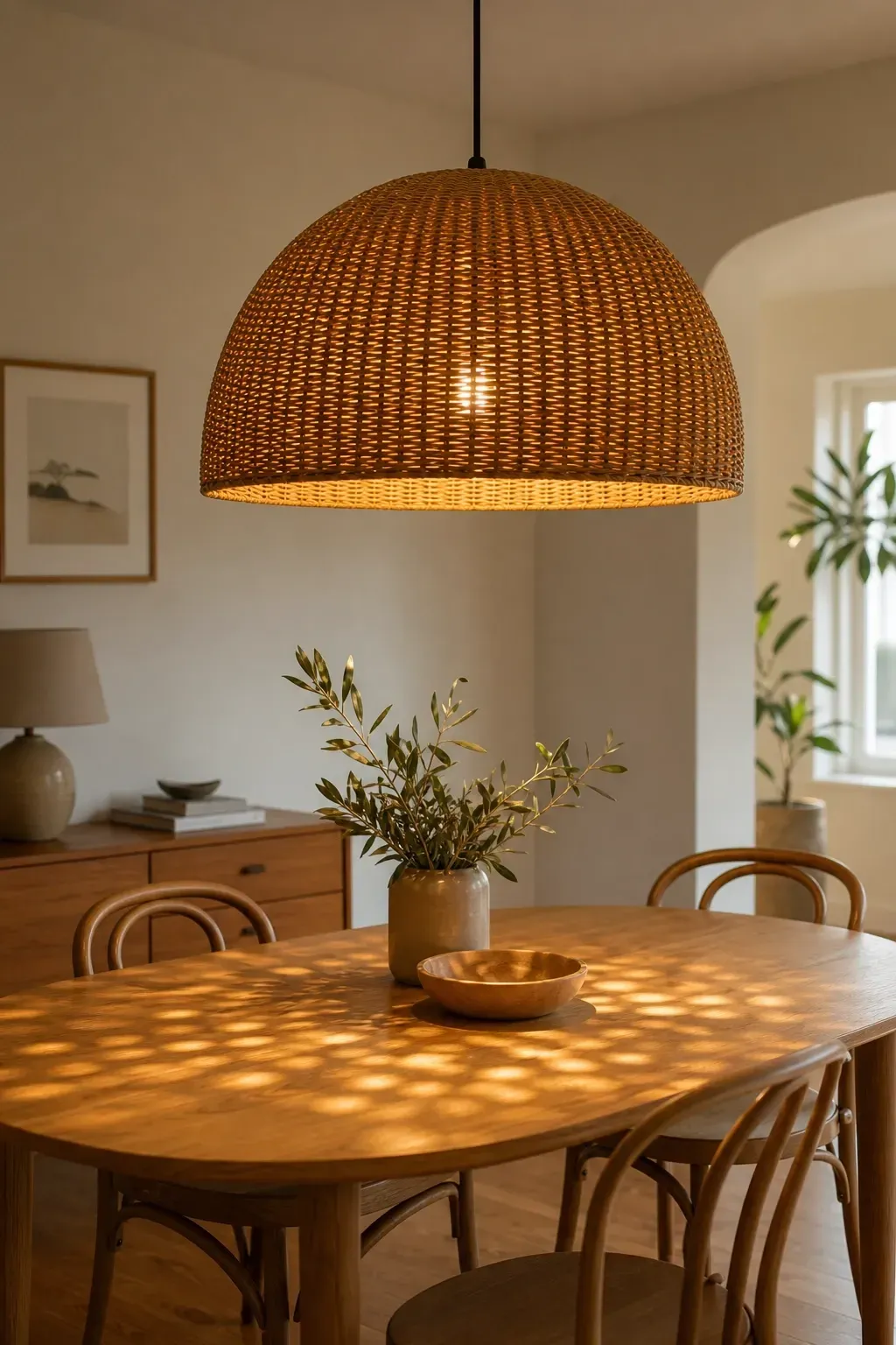 woven pendant shades for warmth and texture in a dining room