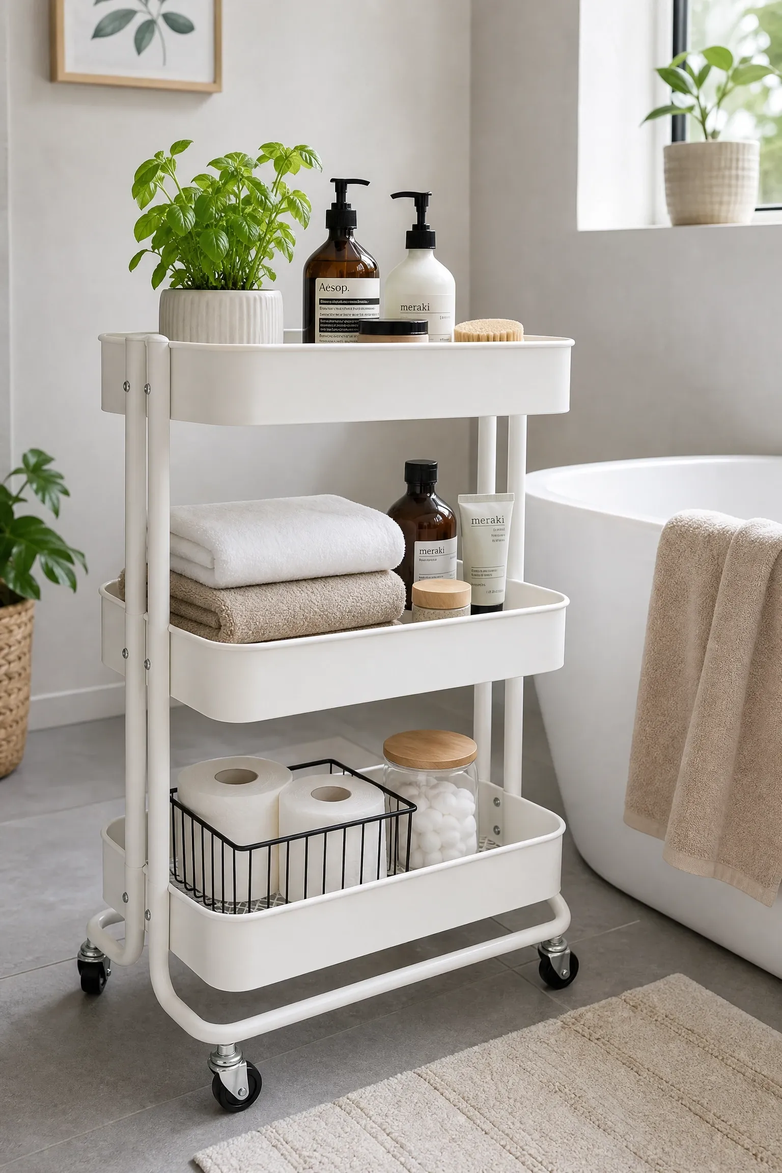 rolling cart next to the shower
