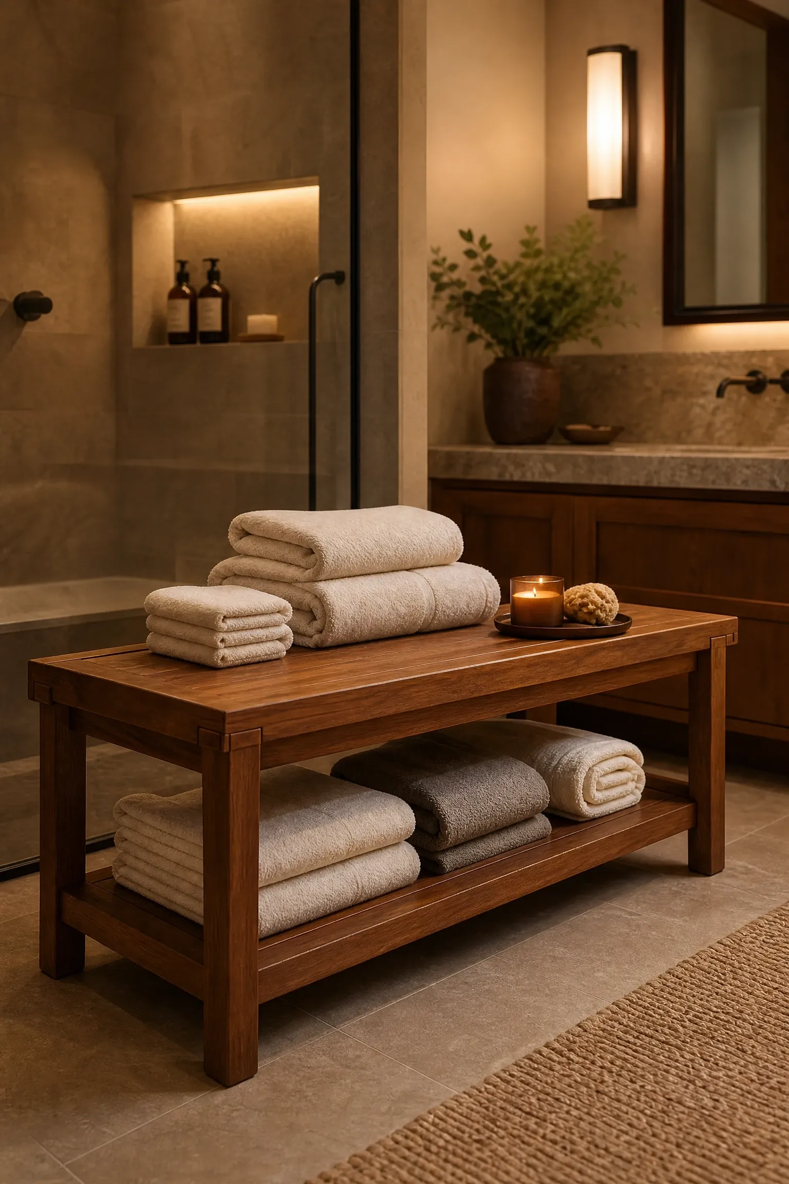 teak shower bench with shelf
