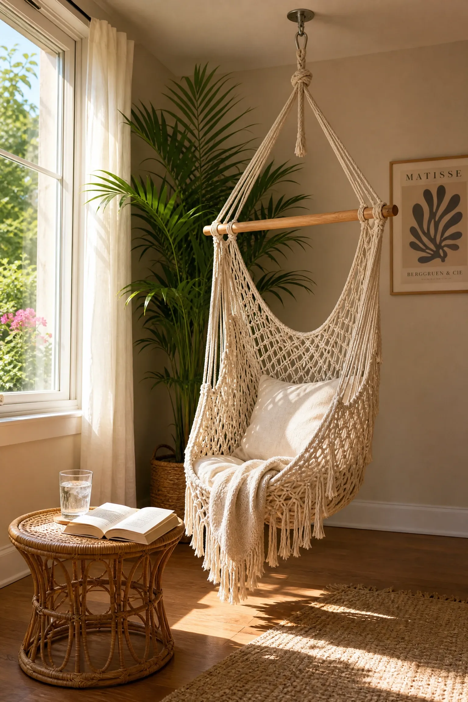 add a hammock chair or swing seat to a sunlit corner