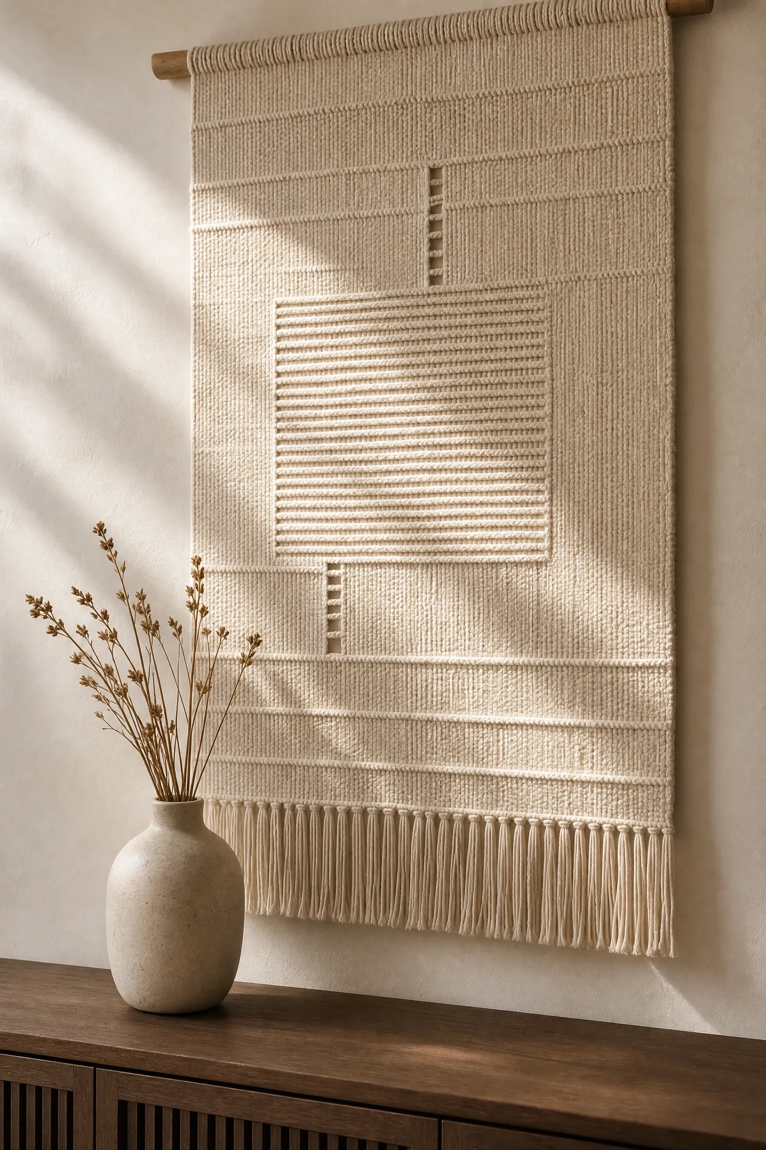 hang woven wall art or macrame for texture at eye level
