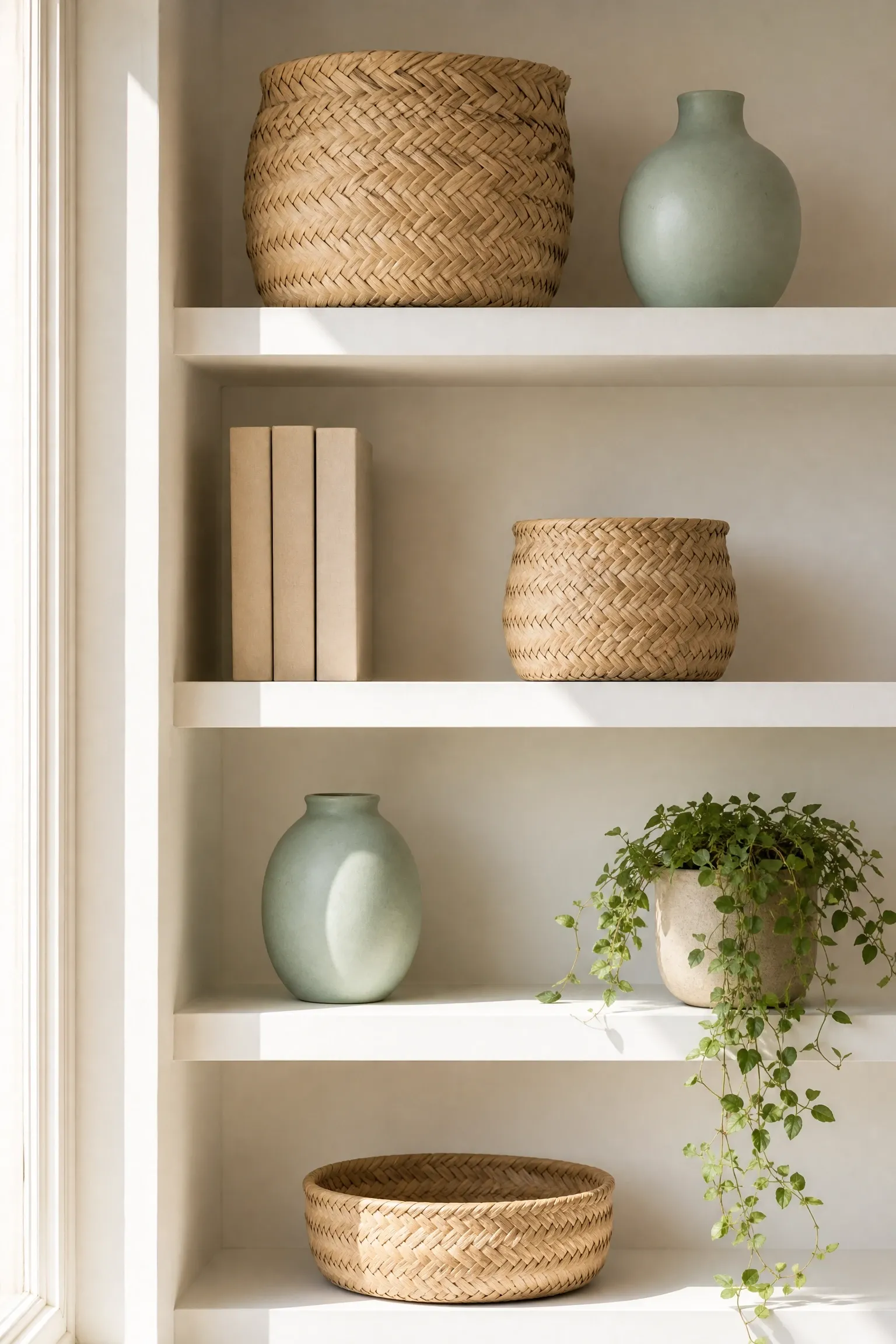 style open shelves with woven baskets and ceramic vessels