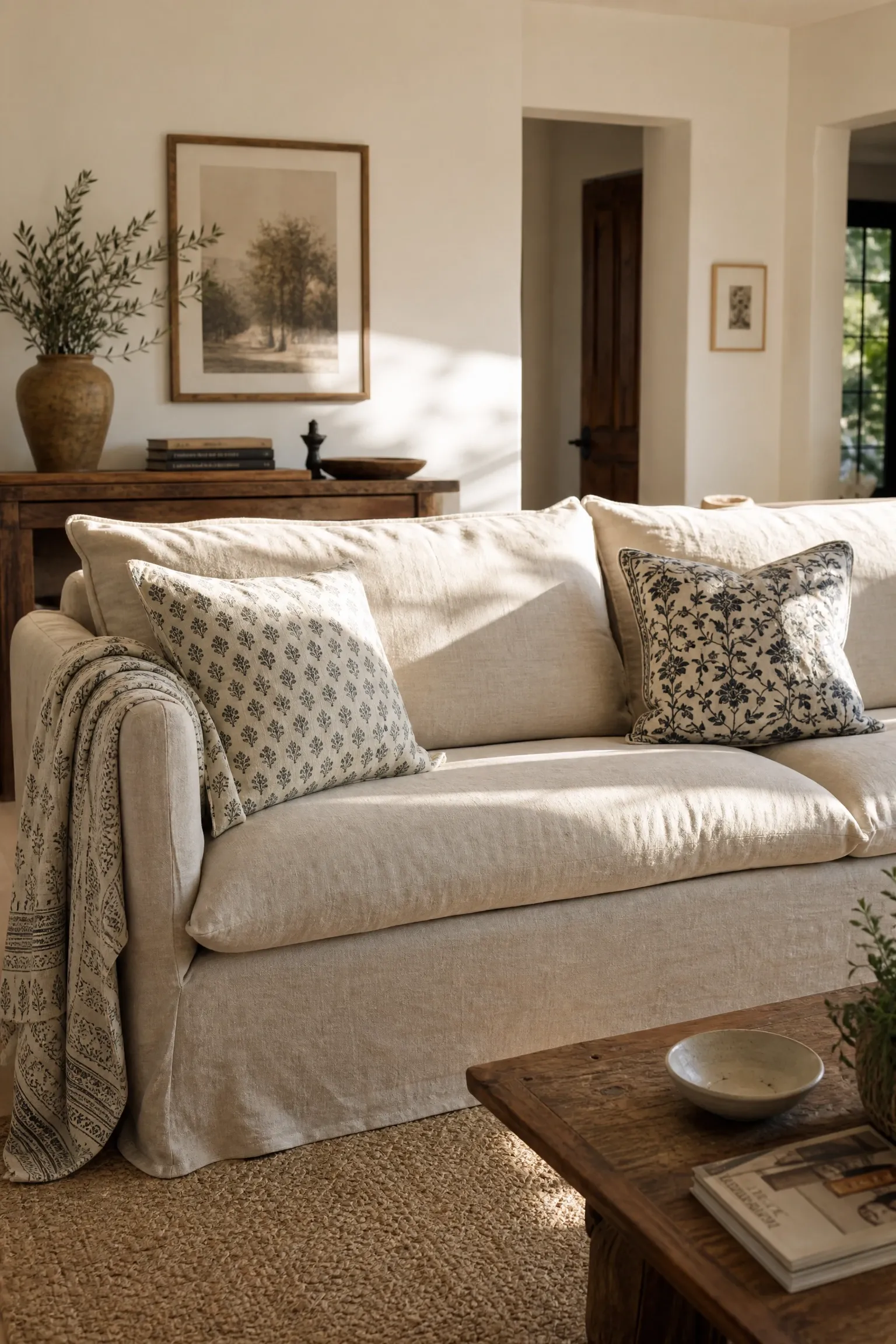 swap heavy upholstery for slipcovers in linen or cotton