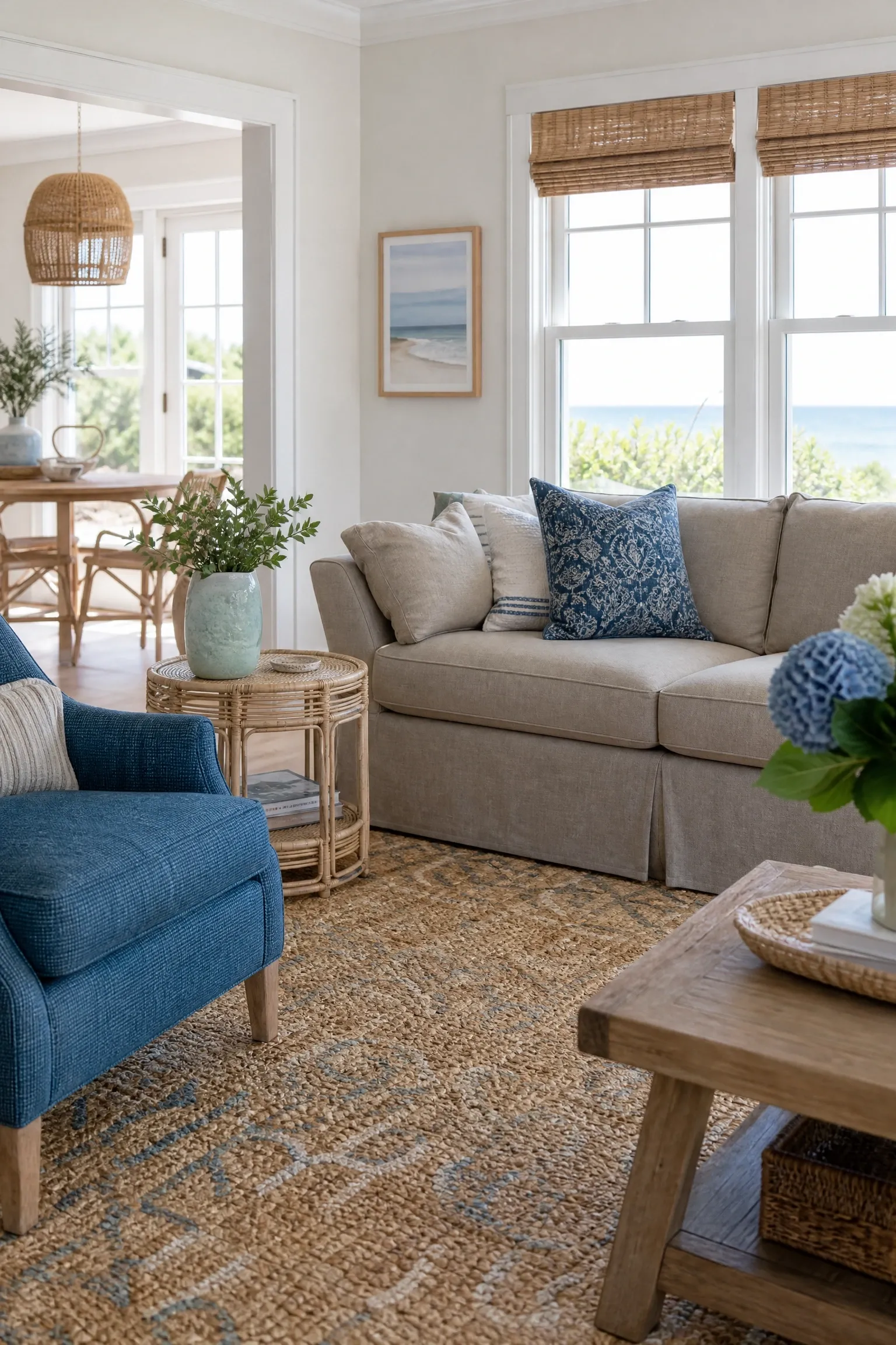 try a coastal blue and sandy neutral colour story