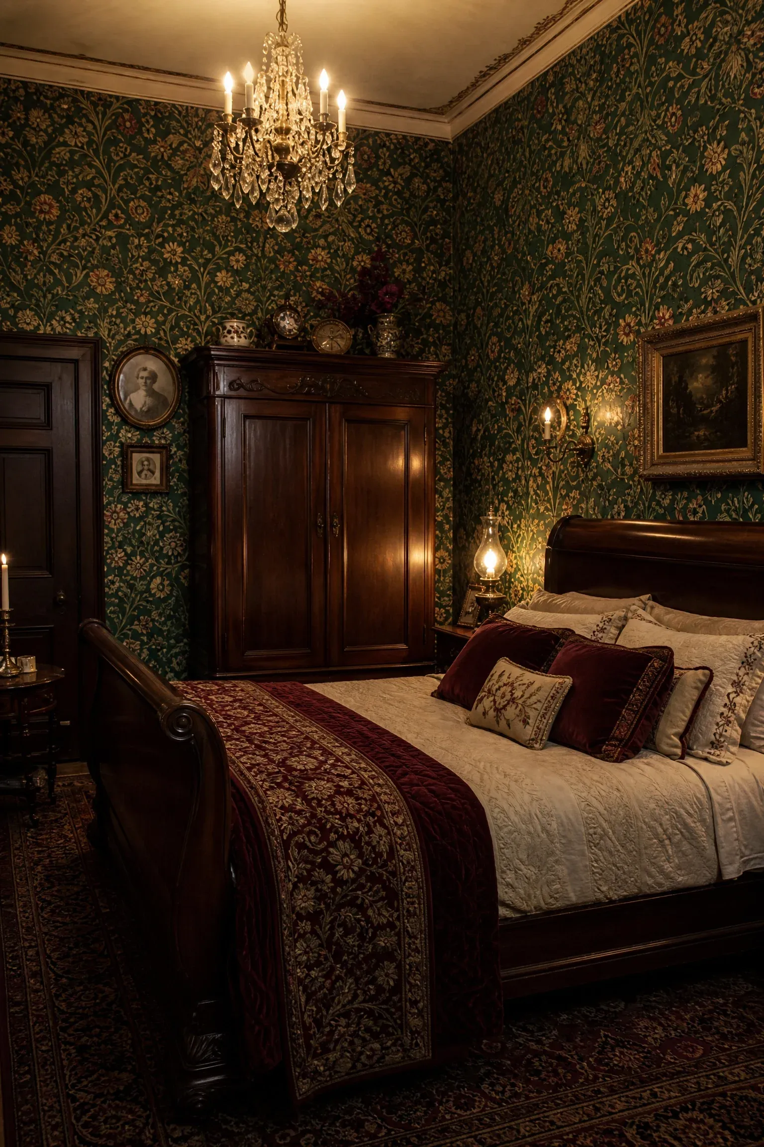 dark floral victorian bedroom