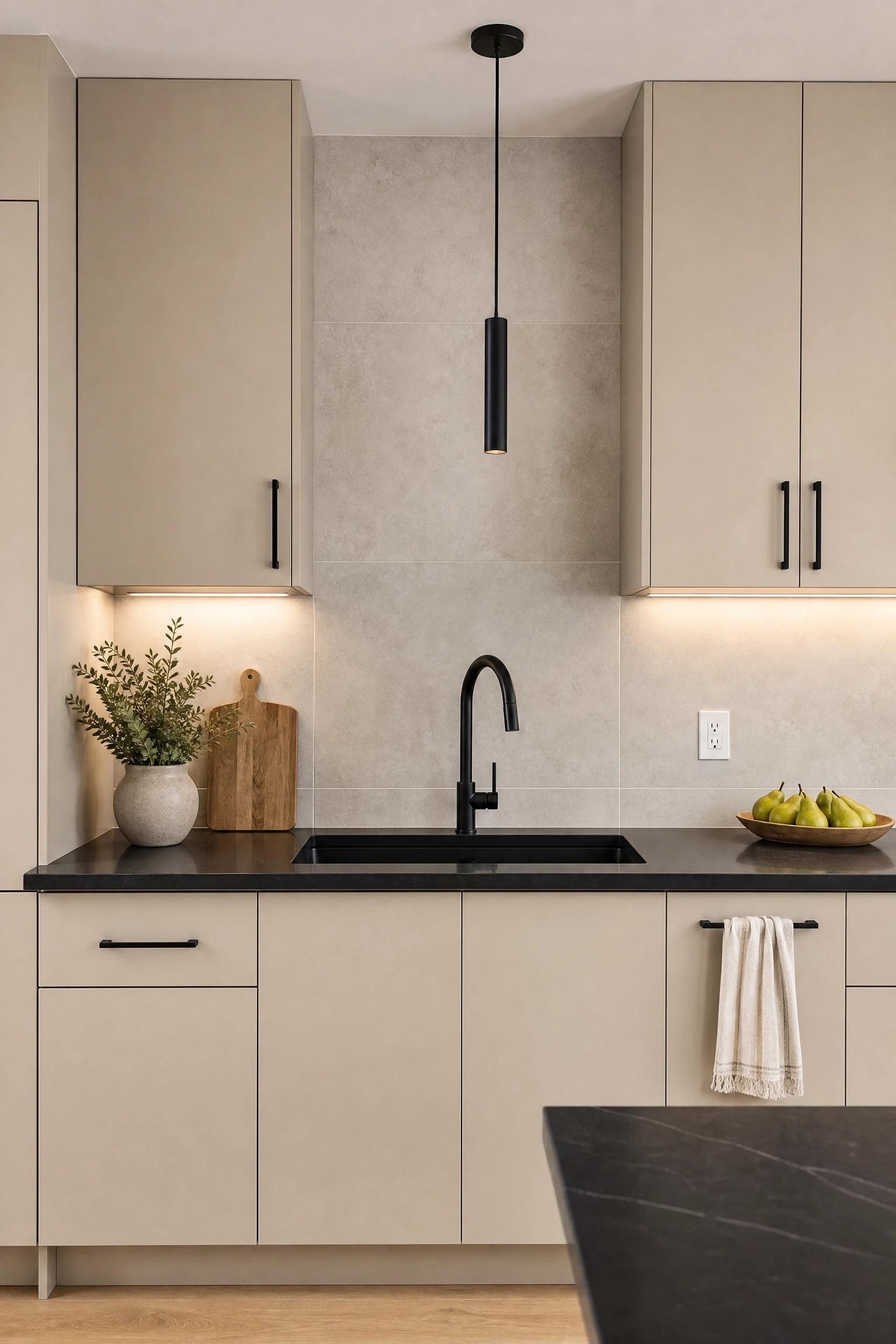 accessible beige with black quartz countertops in a kitchen