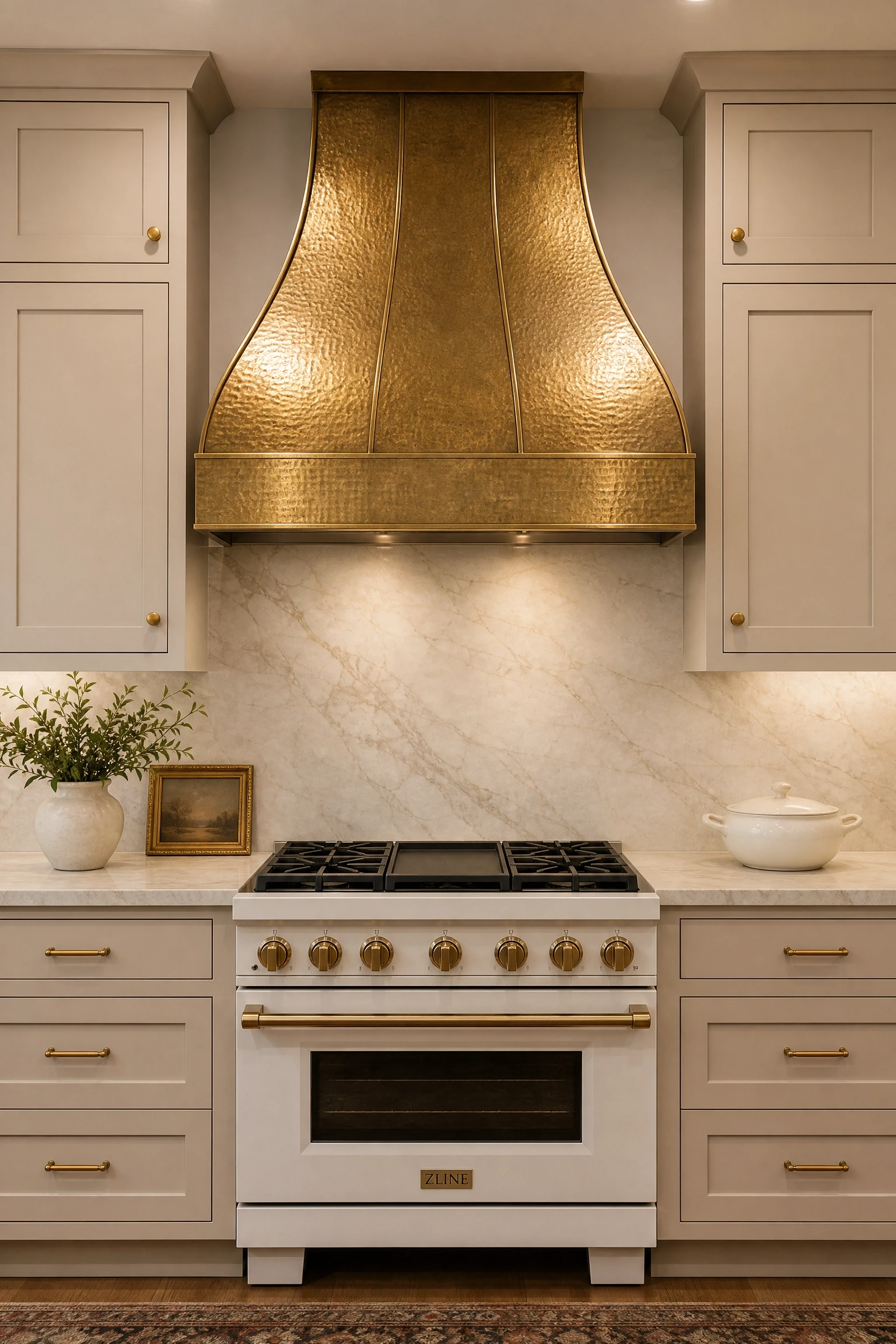 brass range hood in a kitchen