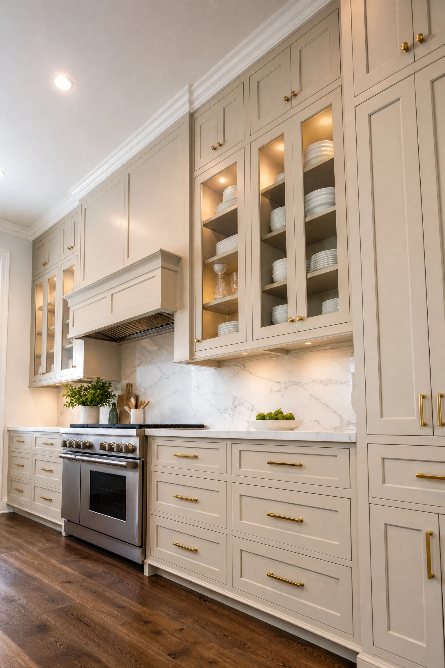 crown molding and ceiling-height cabinets in a kitchen