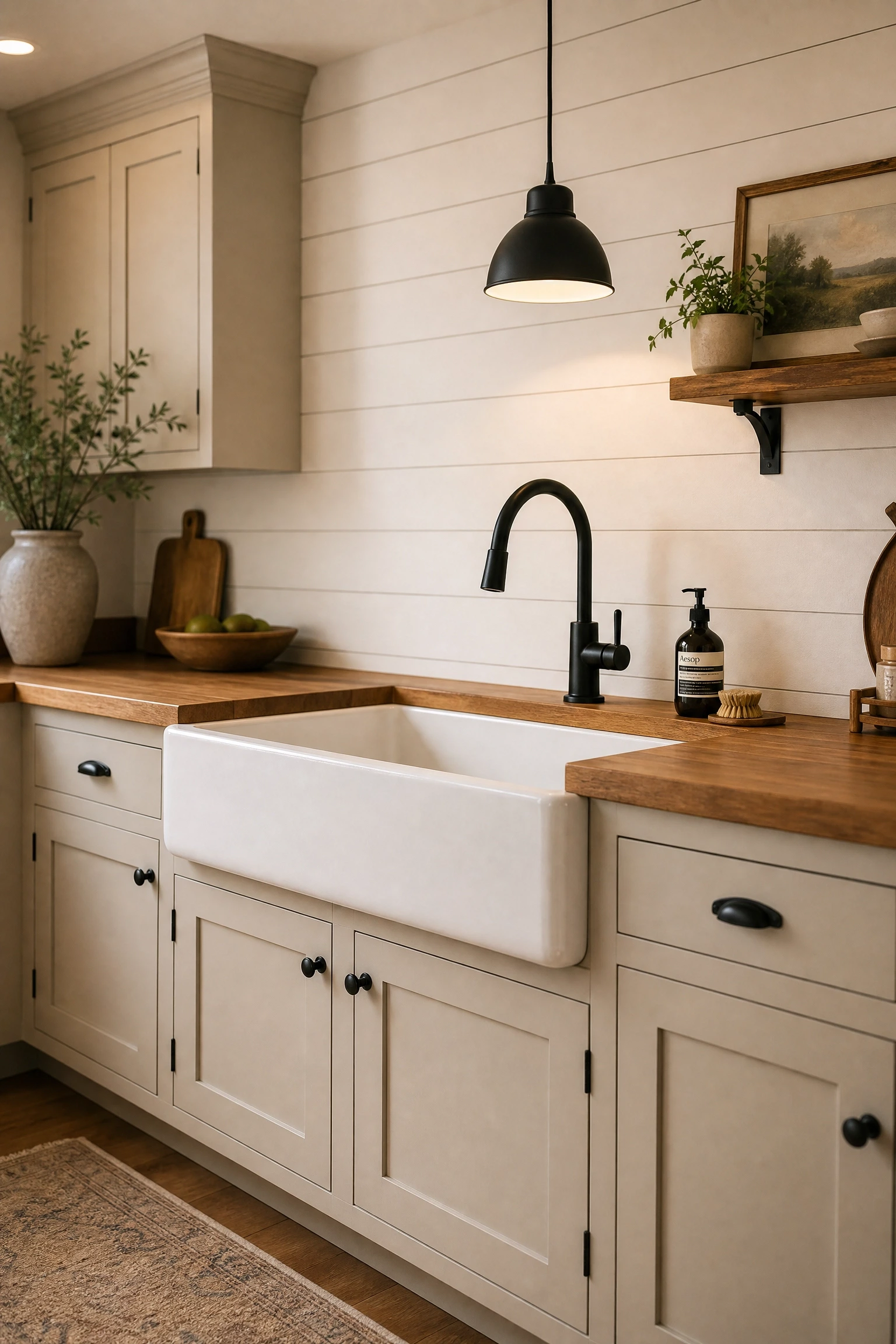 farmhouse kitchen with apron sink and shiplap walls