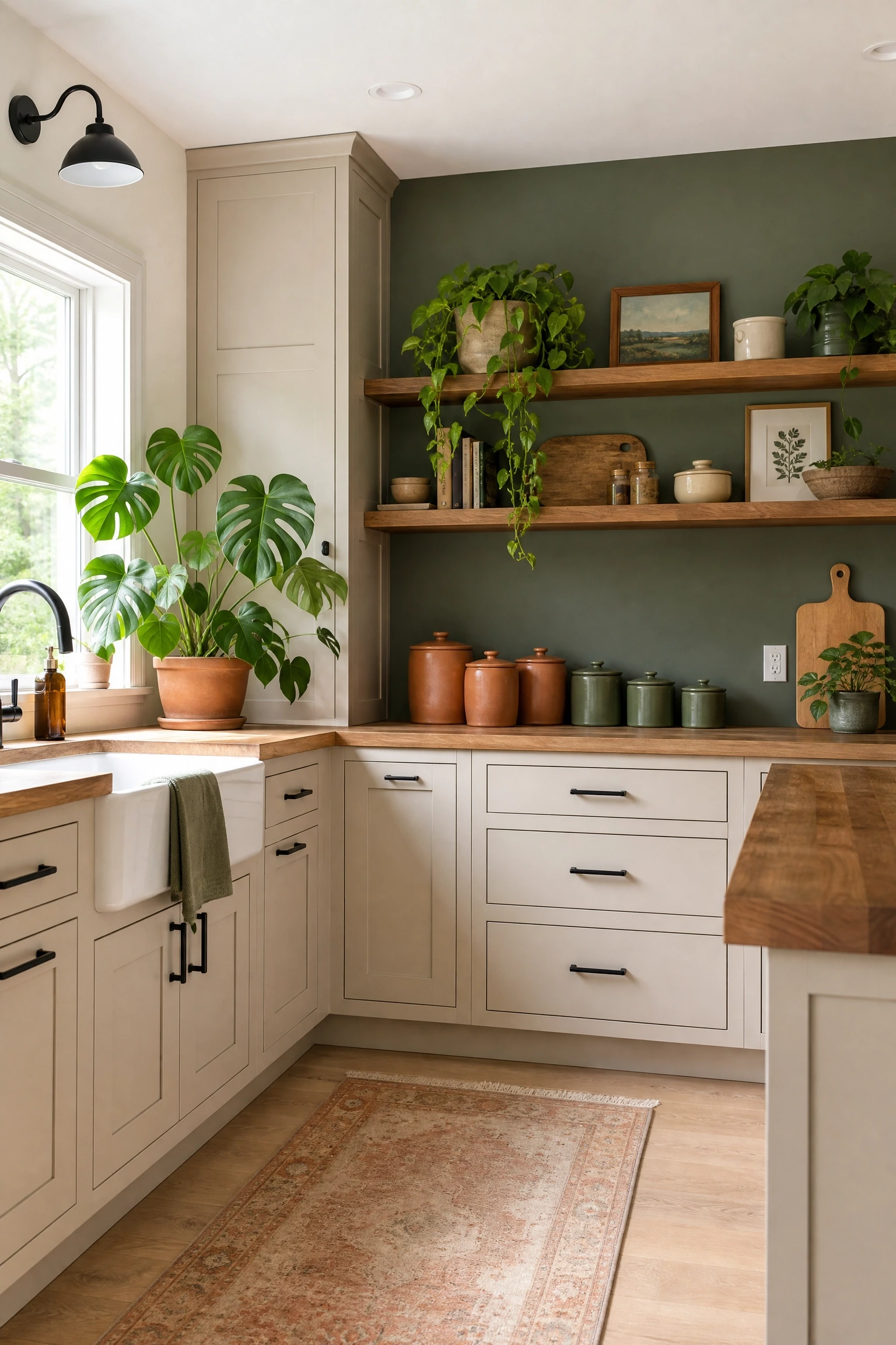 green accents and plants in a kitchen