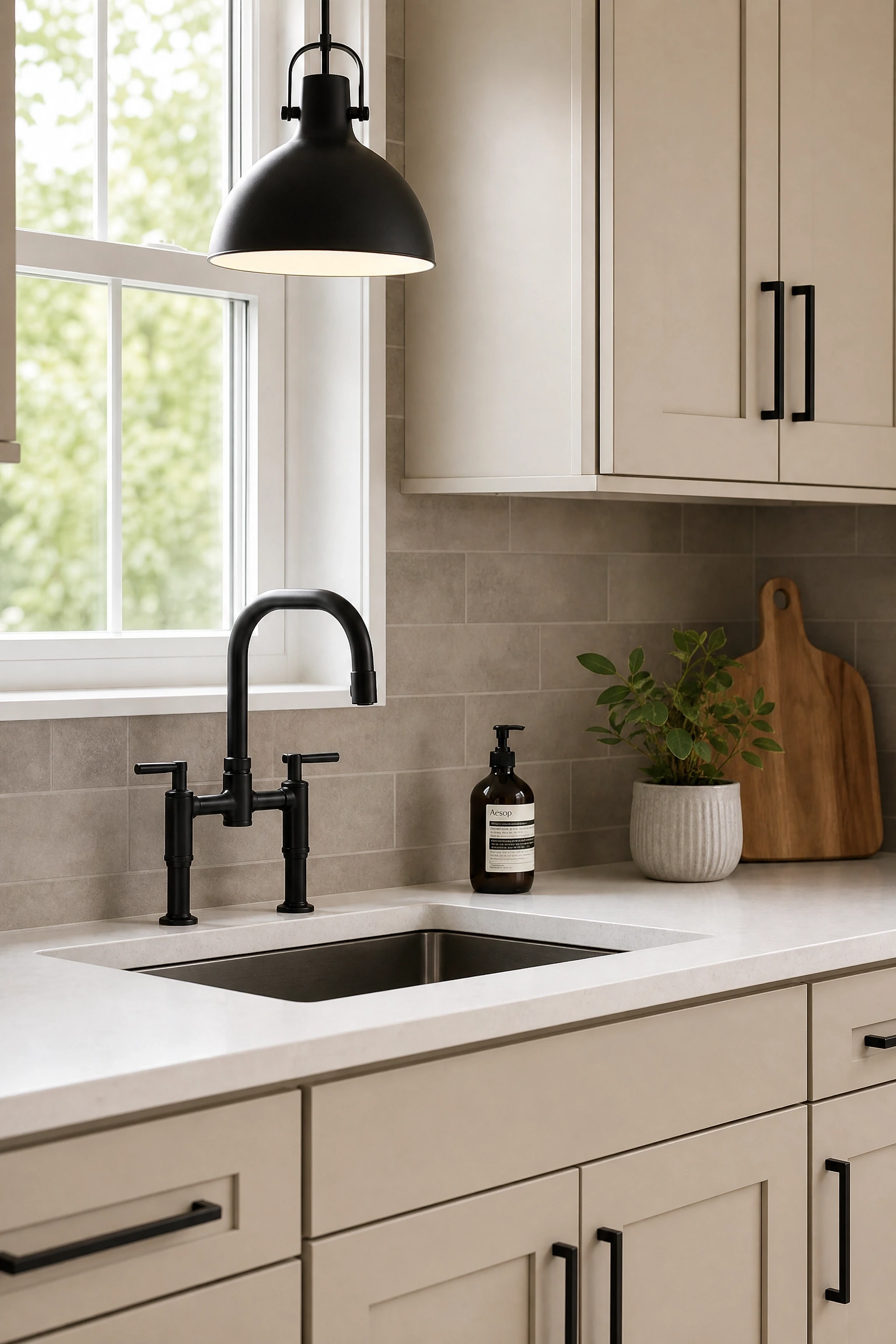 matte black fixtures with accessible beige cabinets in a kitchen